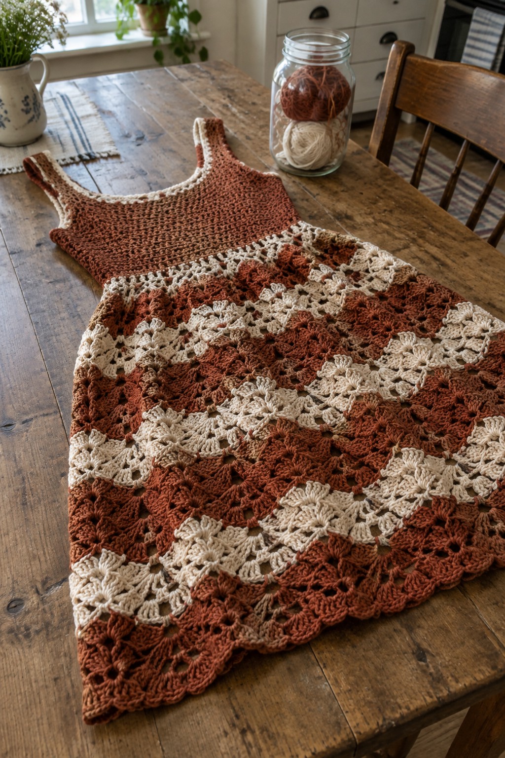 Rust and cream striped crochet dress on wooden table beside yarn jar