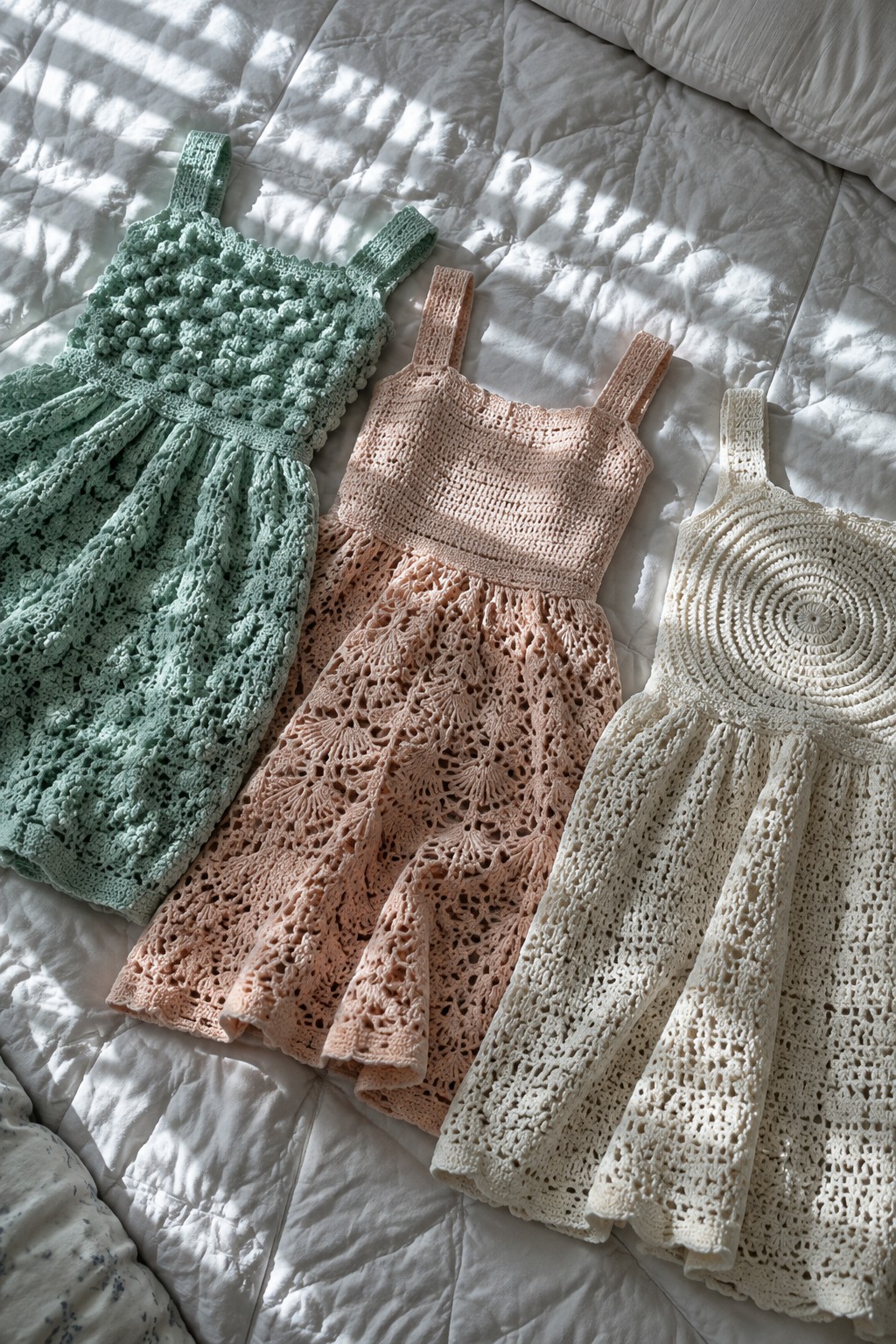 Three pastel crocheted dresses on a sunlit white quilted bed