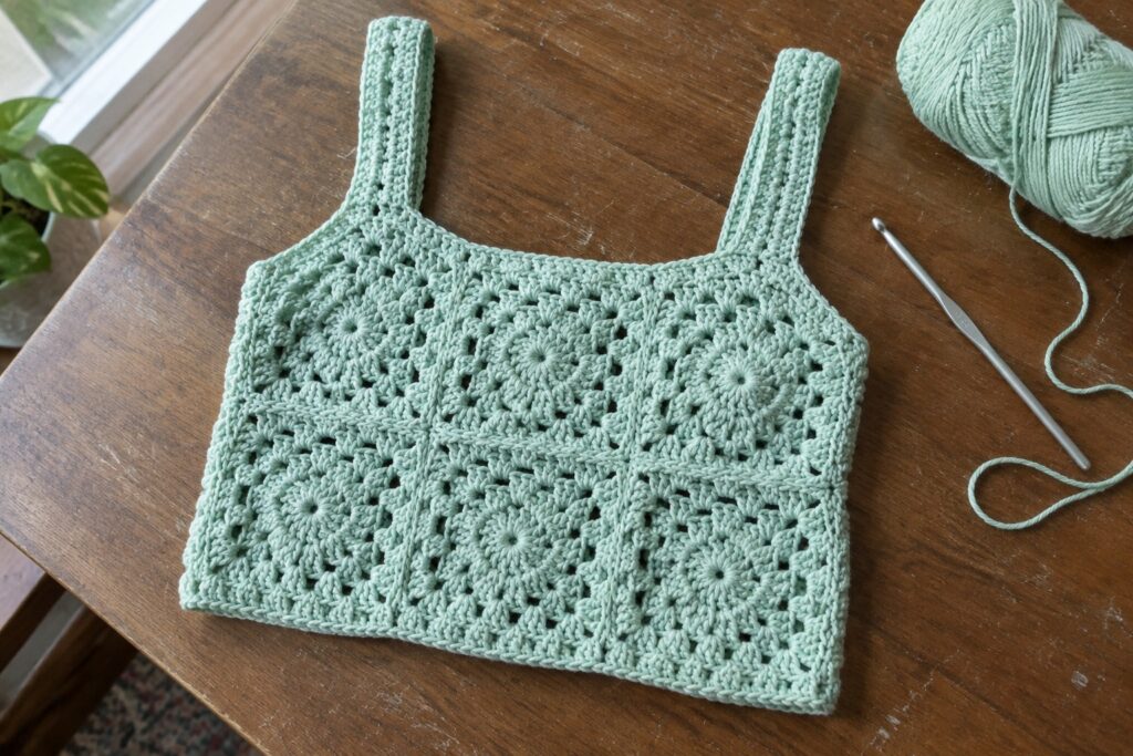 Mint green granny square crocheted tank top on wooden table with yarn and hook.