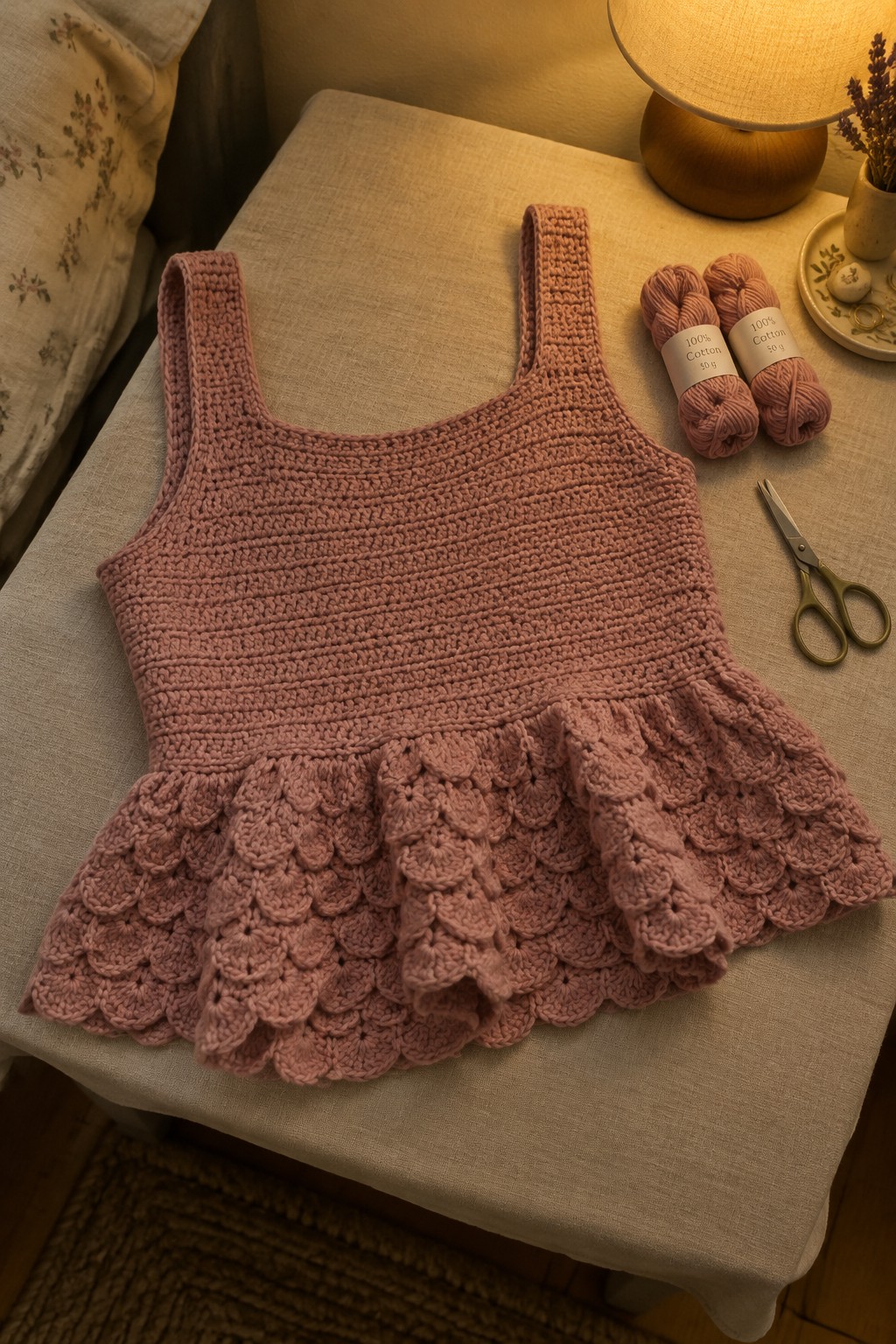 Pink crocheted sleeveless top with scalloped ruffle beside cotton yarn and scissors on table