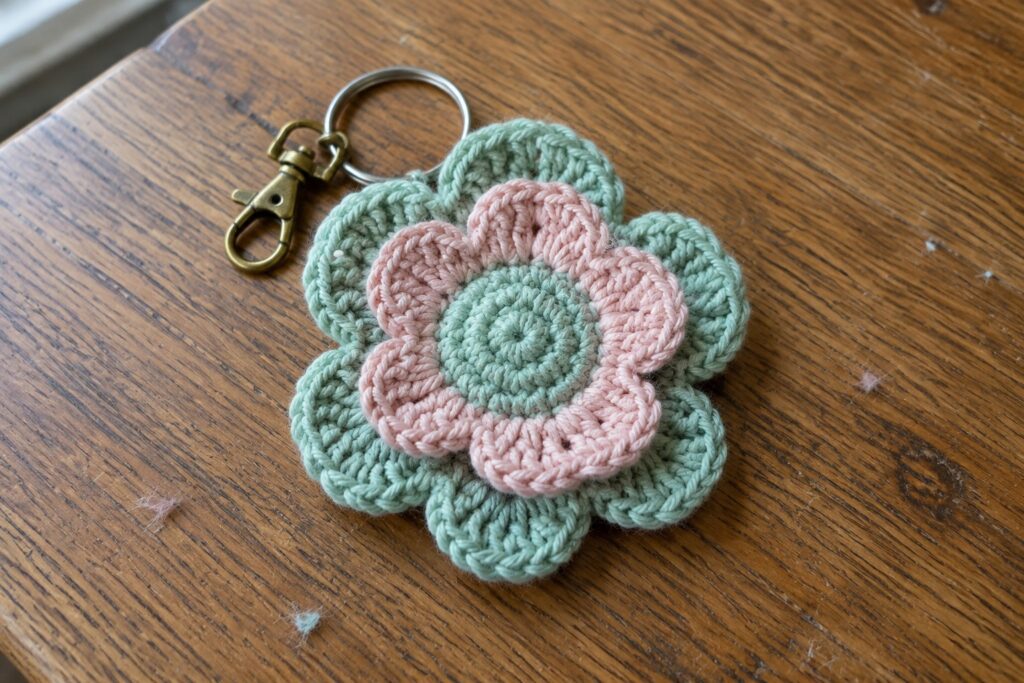 23 Crochet Flower Keychain Ideas With Layered Petals Pink crocheted flower keychain with mint green center and metal ring on wood