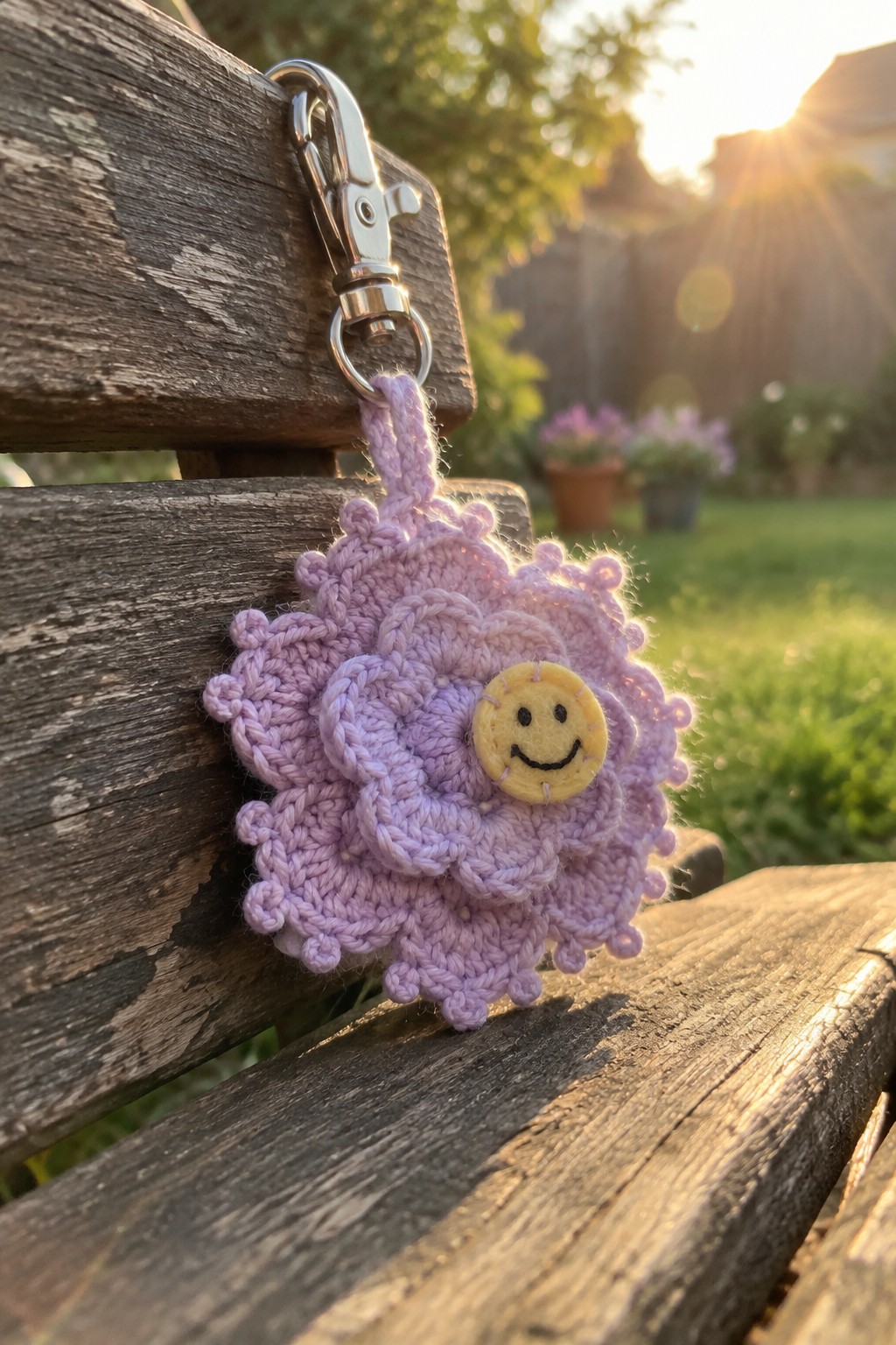 Purple crocheted flower keychain with yellow smiley button on wooden bench.