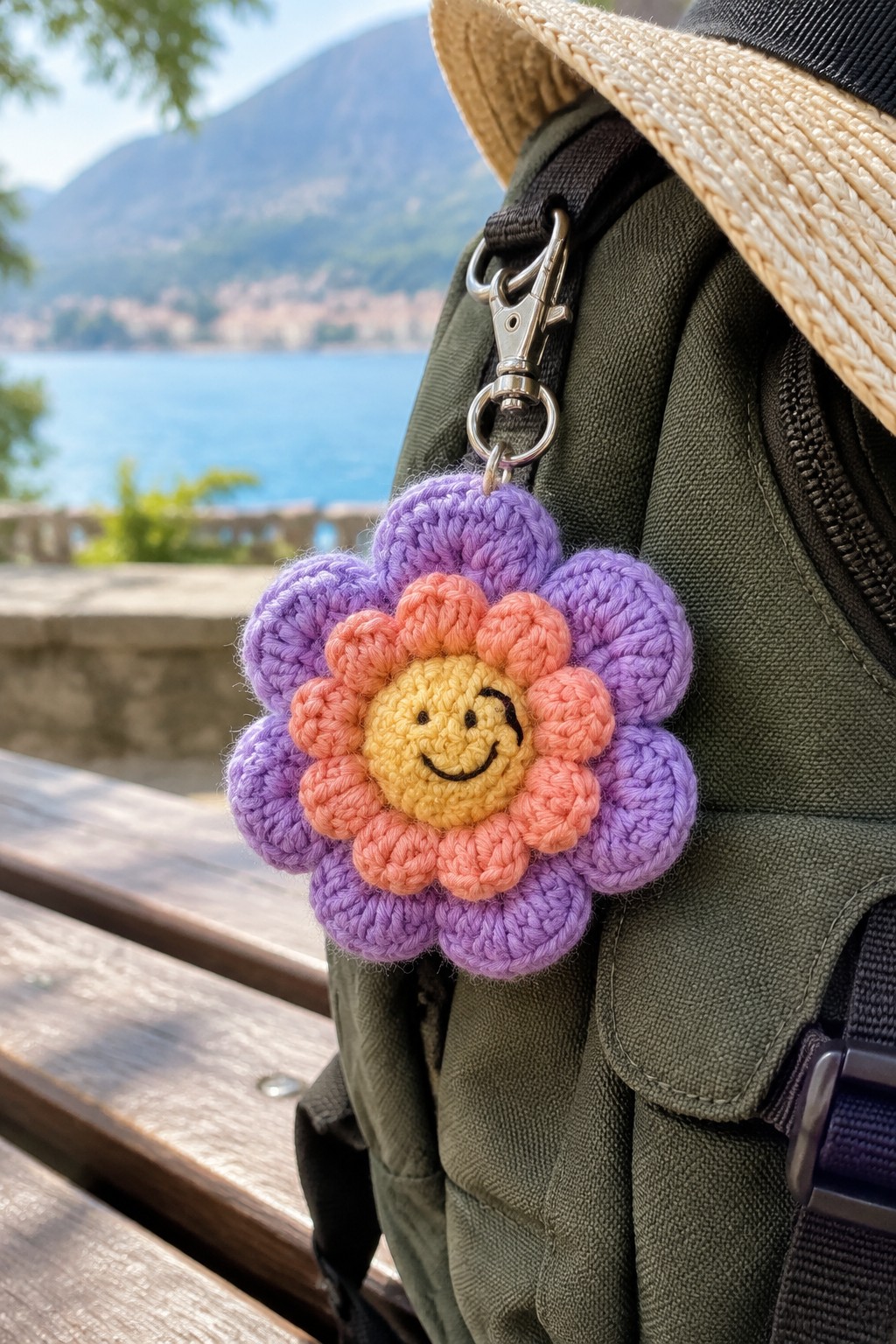 Crocheted purple-orange flower keychain with smiley face on green backpack by lake