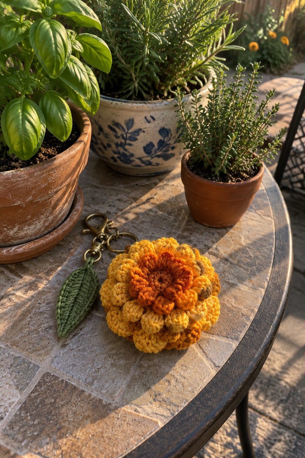 Crocheted yellow-orange flower keychain with green leaf on table near potted herbs