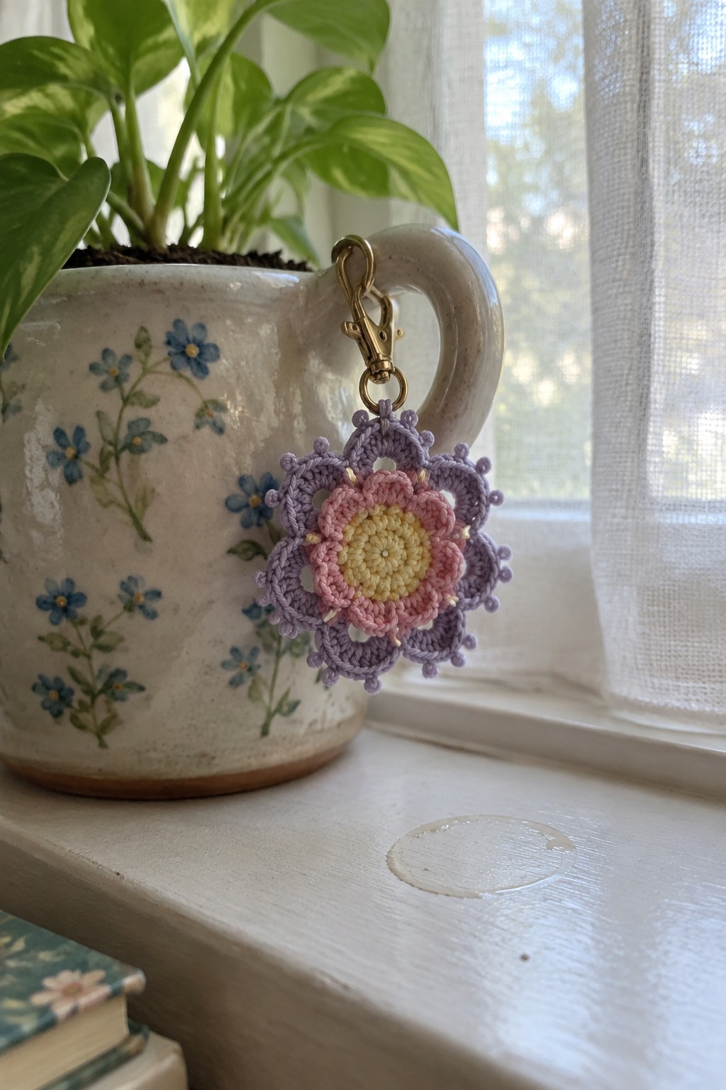 Crocheted purple-pink flower keychain clipped to floral ceramic mug on windowsill