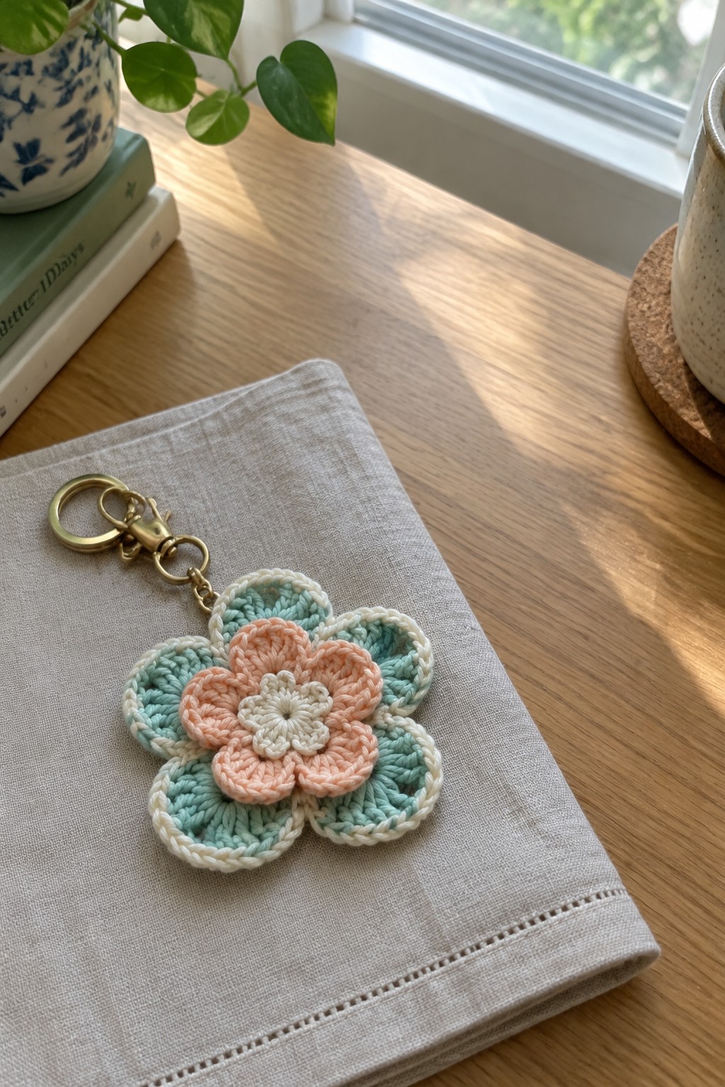 Pastel crocheted flower keychain with gold clasp on beige linen napkin