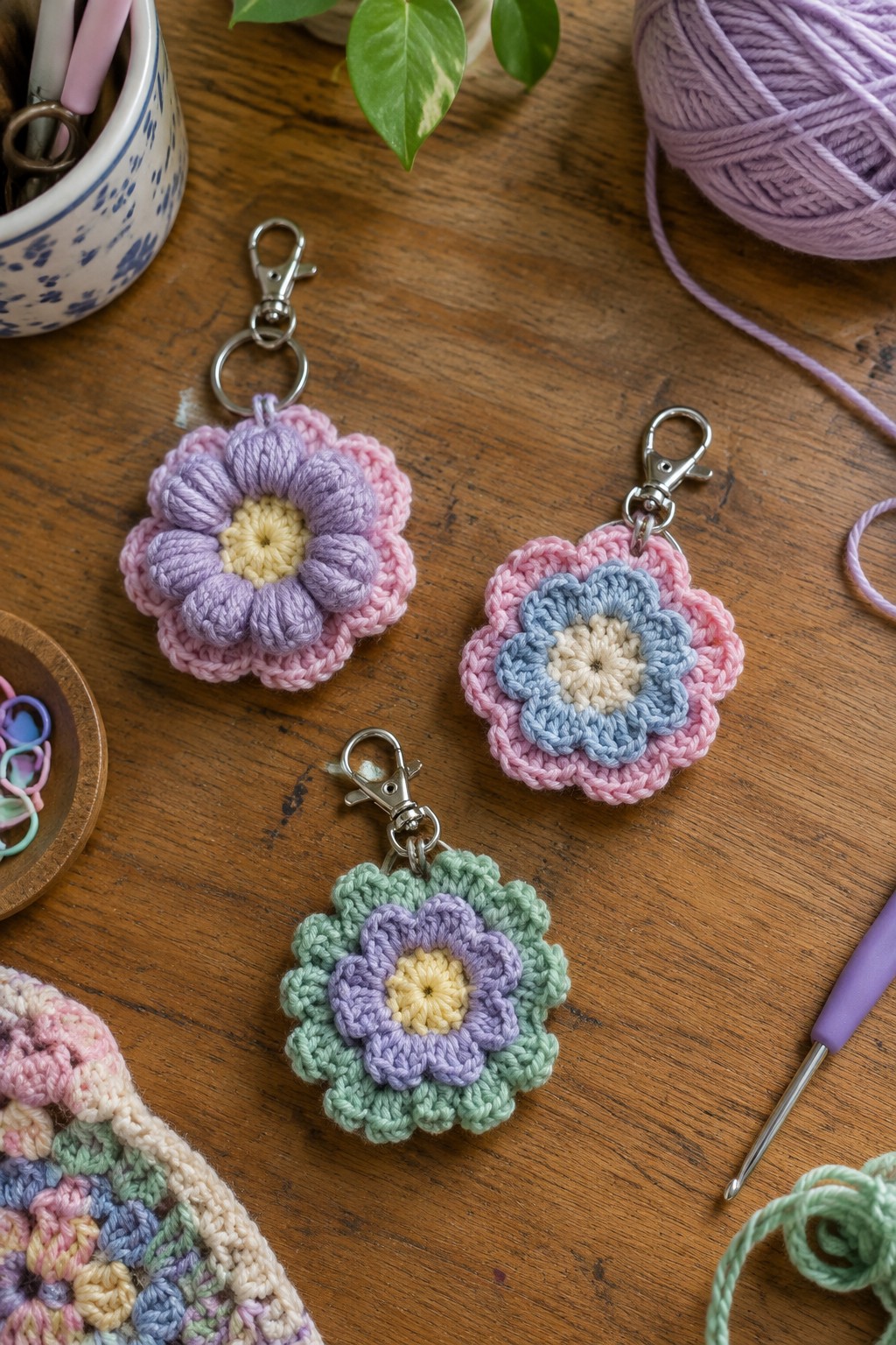 Three crocheted flower keychains with layered petals in pastel colors hang from metal clasps on a wooden table.