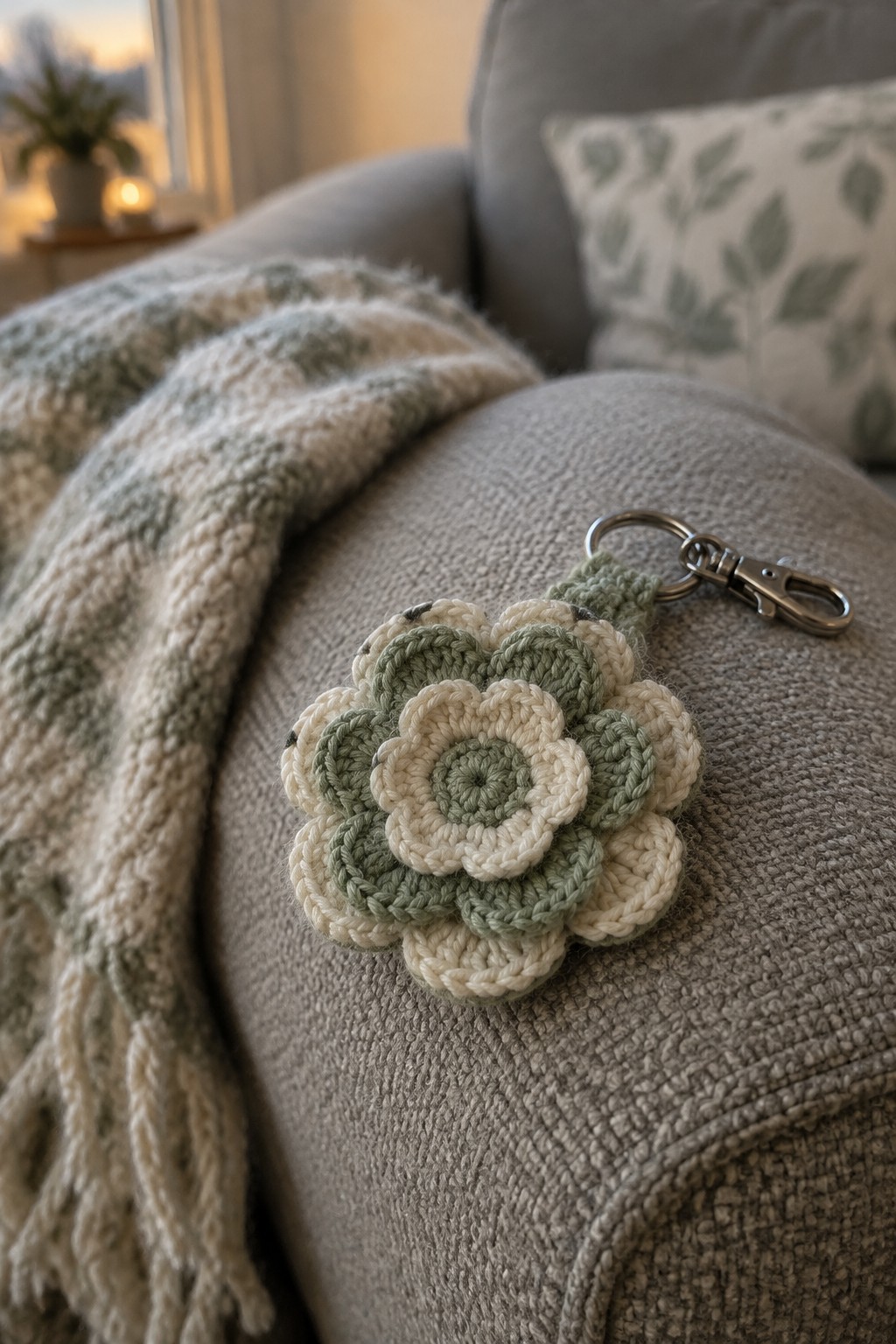 Crocheted flower keychain in green and cream on gray couch fabric
