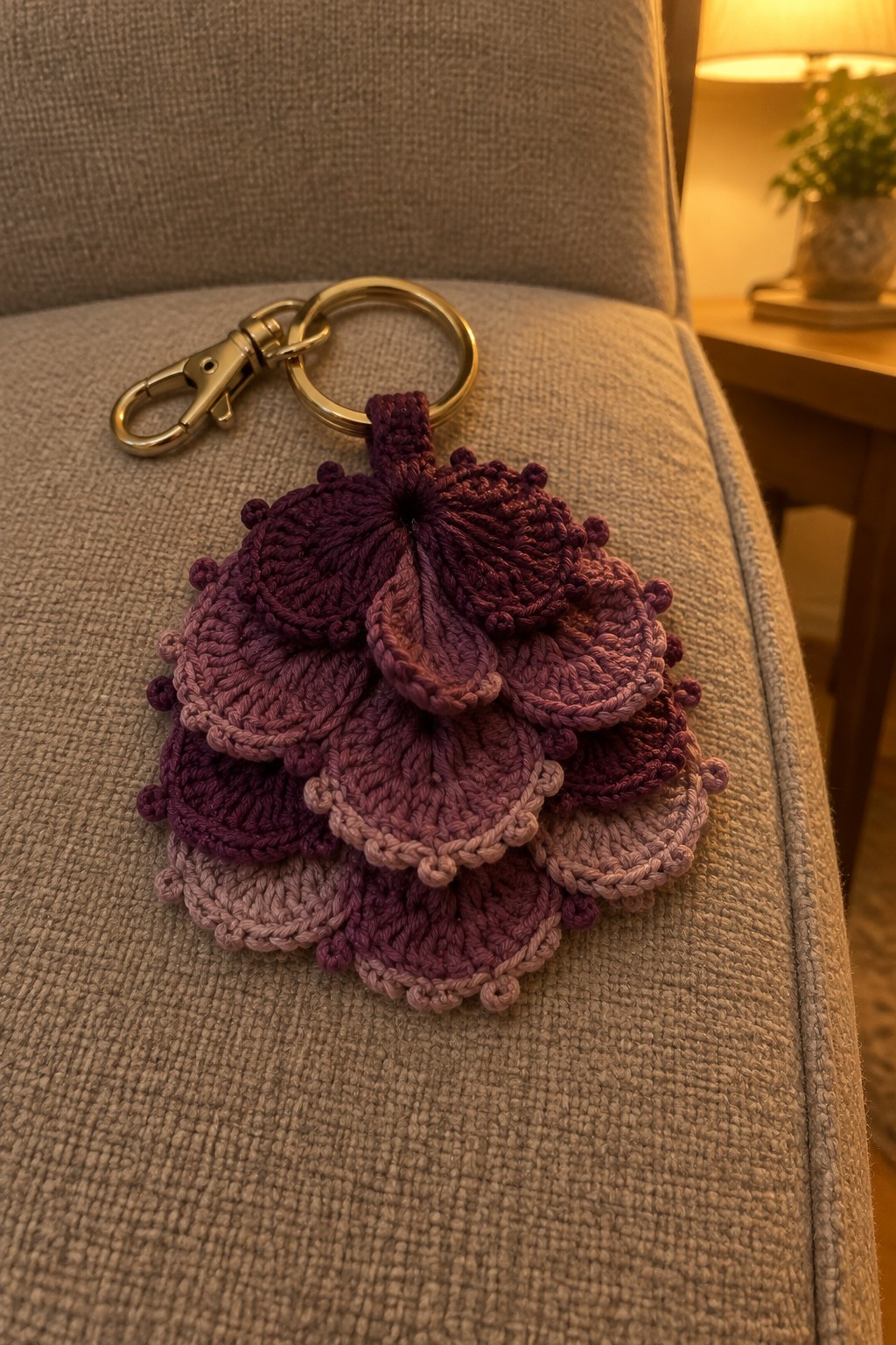 Crocheted purple flower keychain with gold ring on gray upholstery.