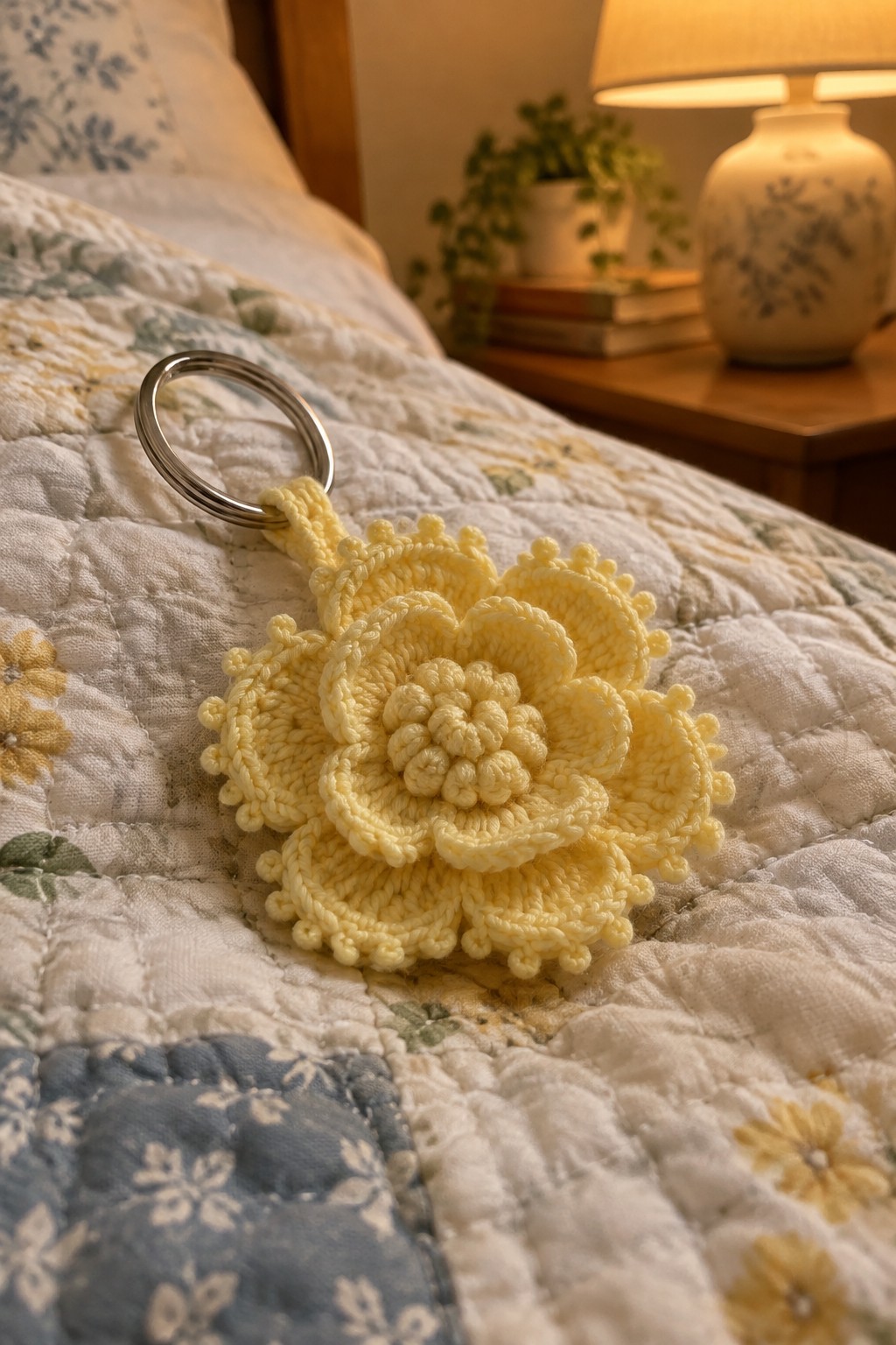 Yellow crocheted flower keychain with metal ring on floral quilted bedspread