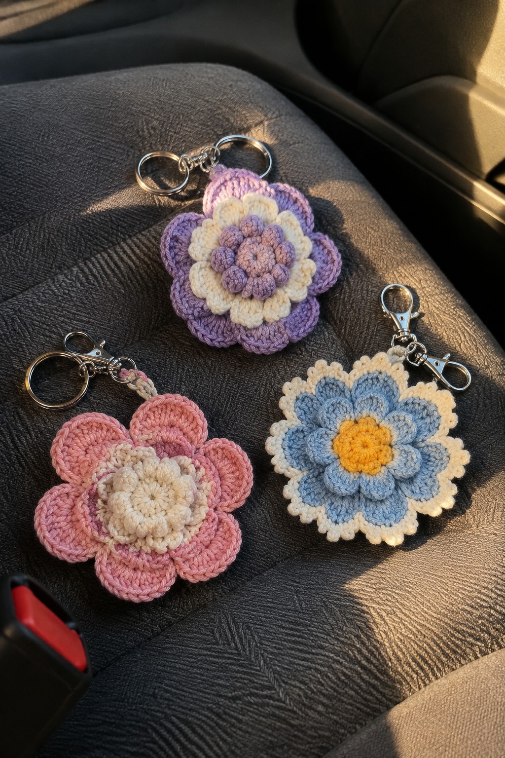 Three colorful crocheted flower keychains on a sunlit gray car seat.