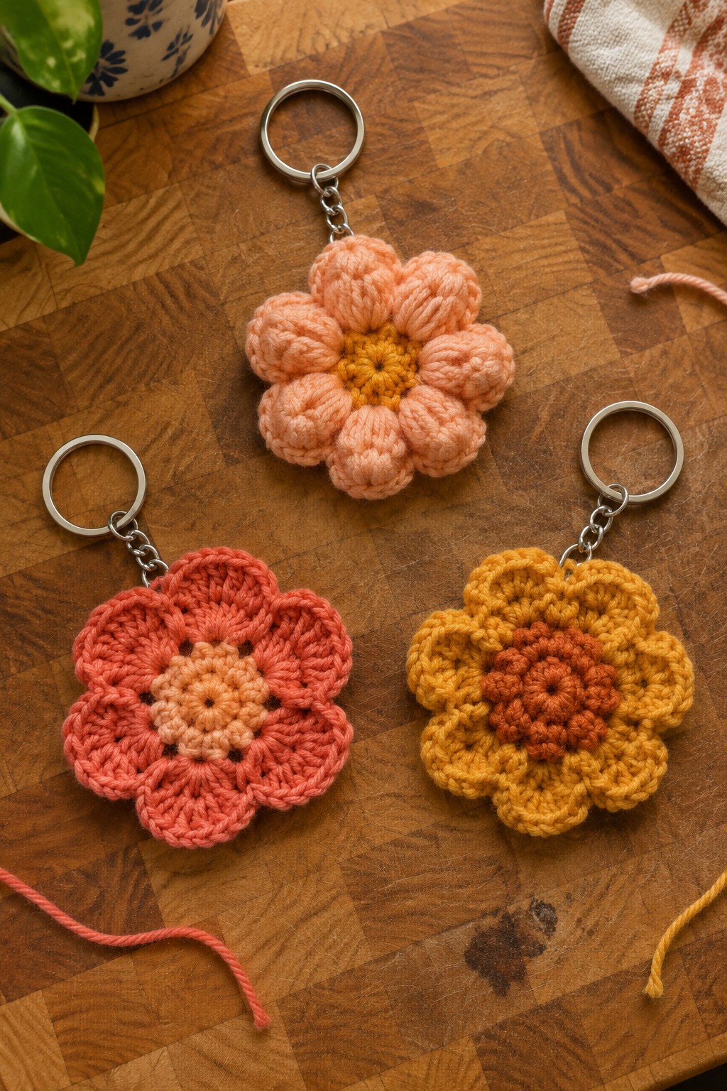 Three crocheted flower keychains in peach, coral, and yellow on wood.