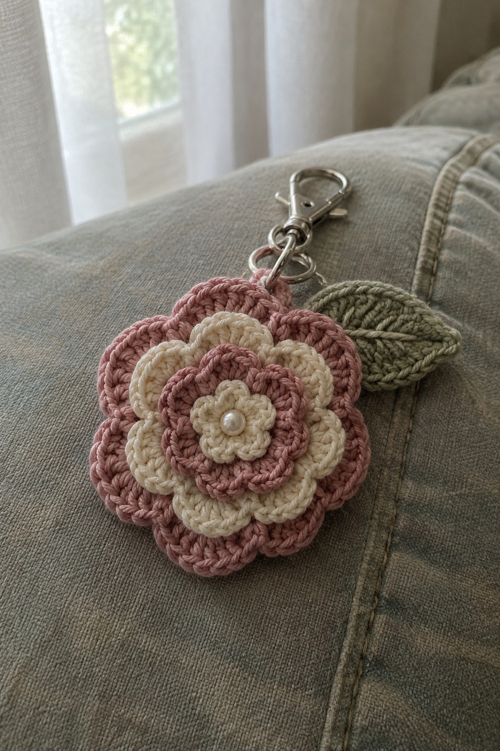 Pink and cream crocheted flower keychain with pearl on blue denim jeans.