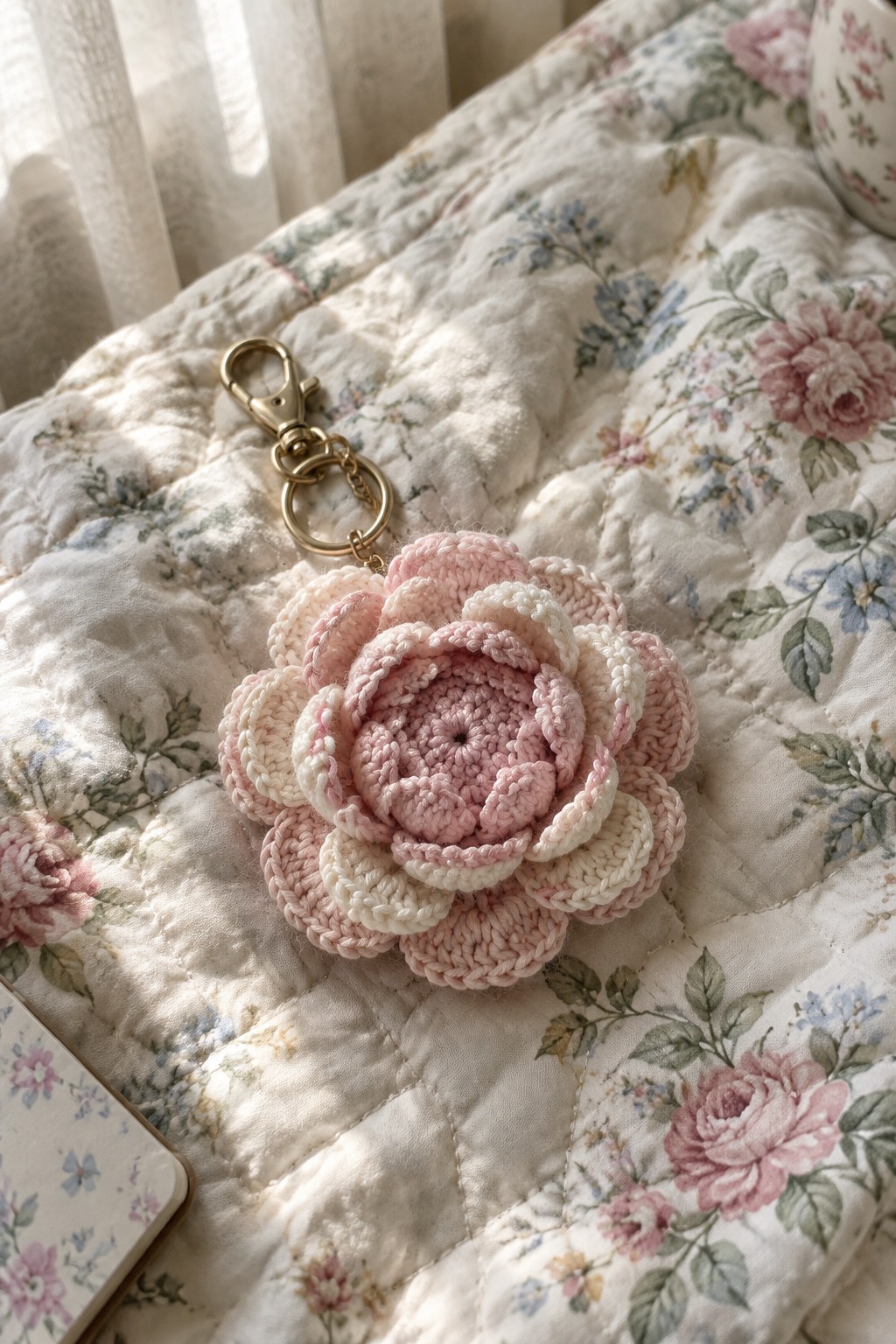 Pink crocheted flower keychain with gold clasp on floral quilt