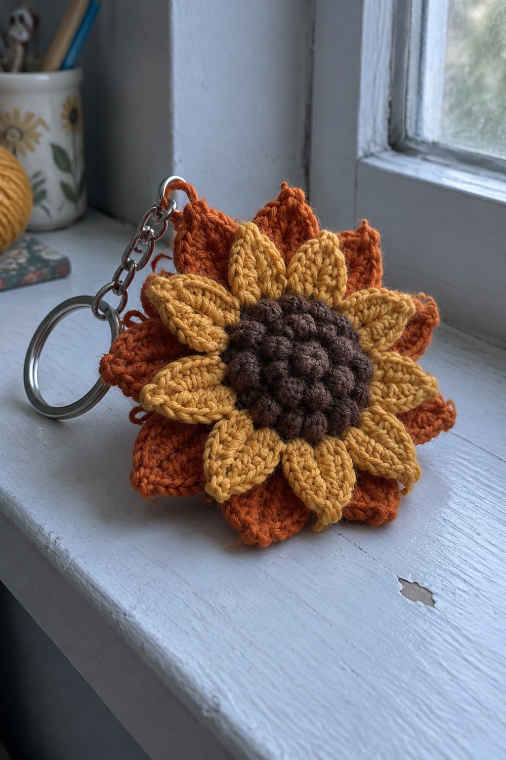 Crocheted sunflower keychain in orange and yellow yarn on white windowsill