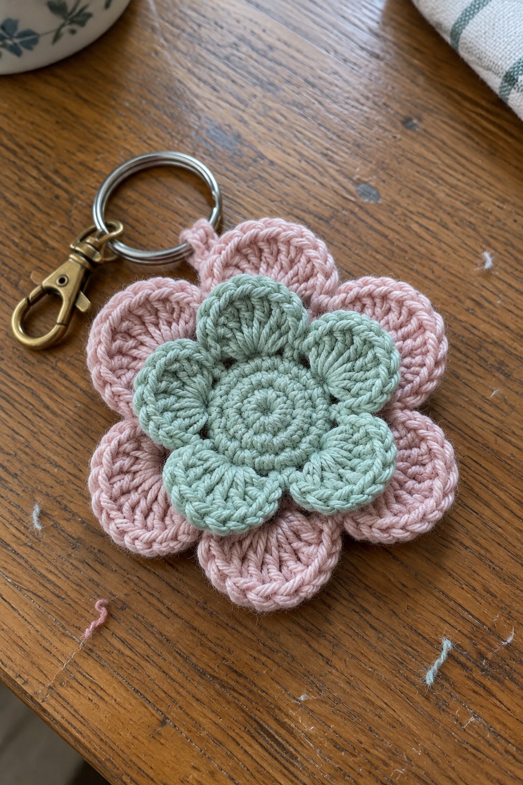 Pink crocheted flower keychain with mint green center and metal ring on wood