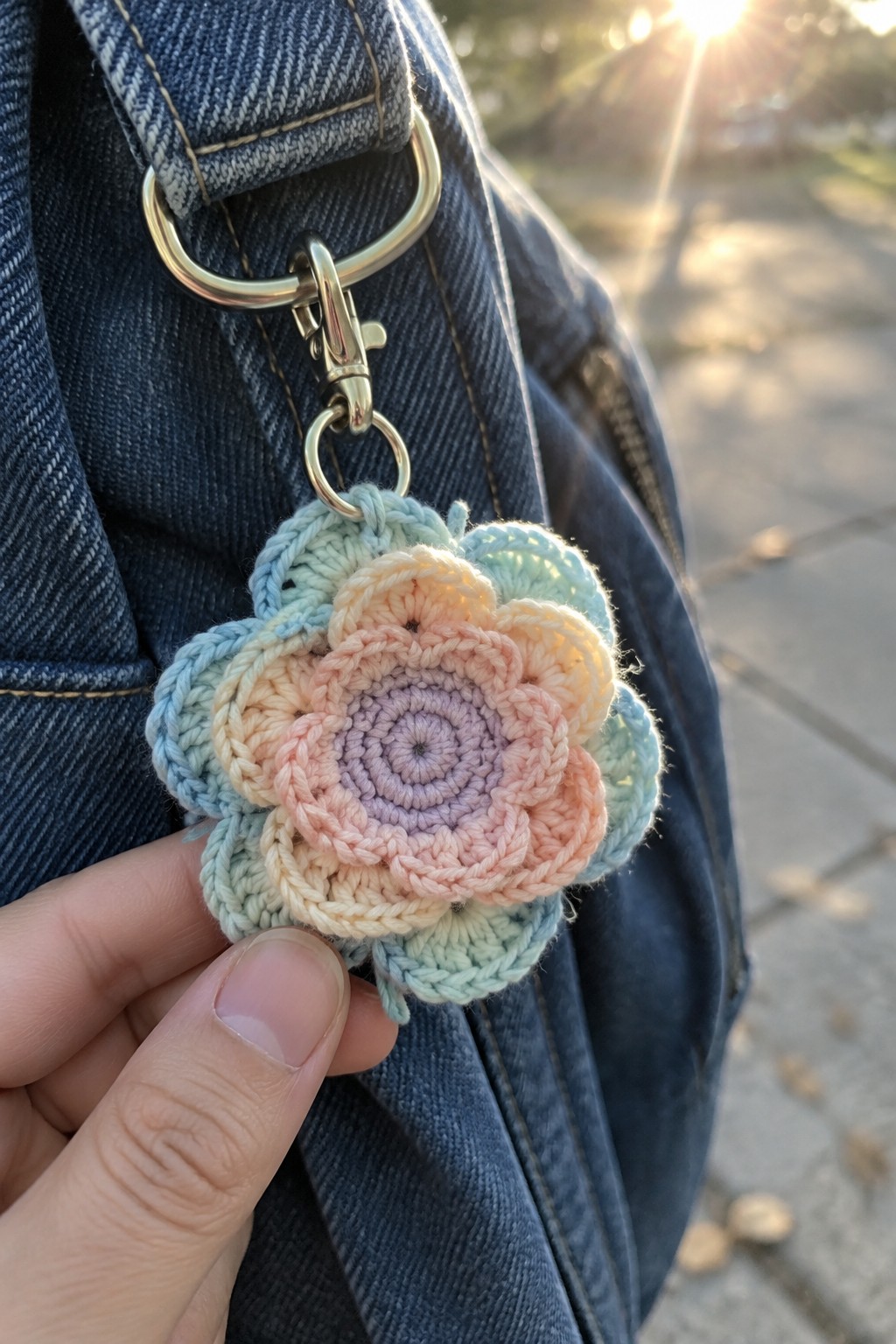 Hand holding pastel crocheted flower keychain on metal clip attached to denim bag