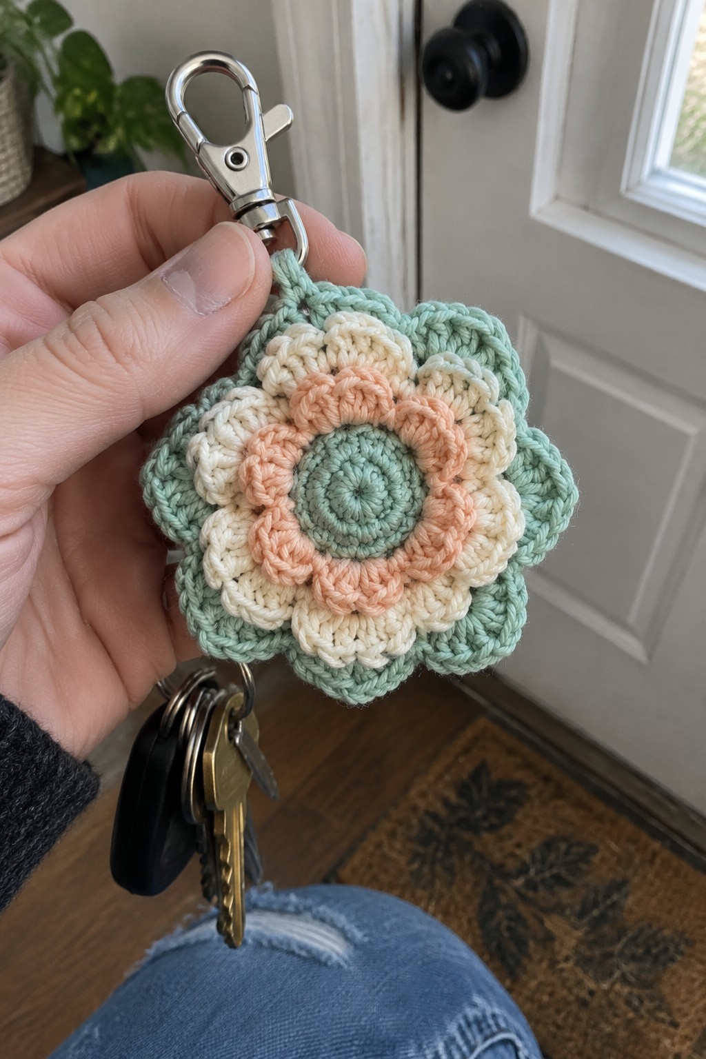 Hand holding pastel crocheted flower keychain with metal clasp and keys