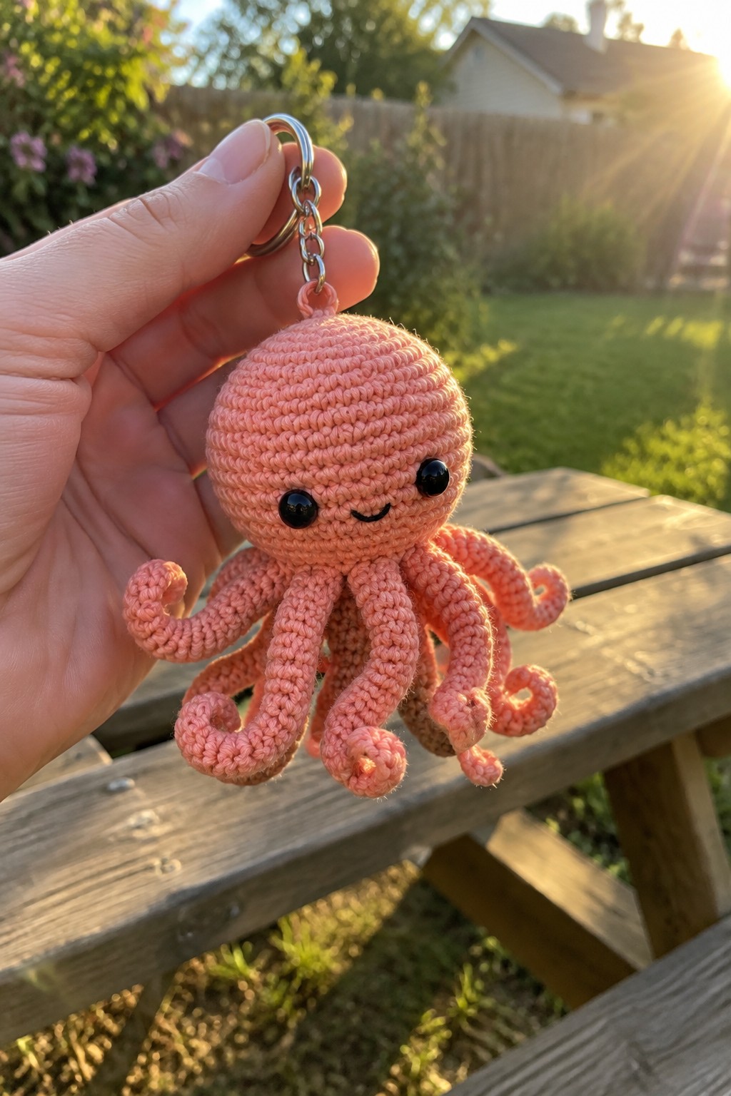Hand holding pink crocheted octopus keychain over wooden table in sunny backyard.