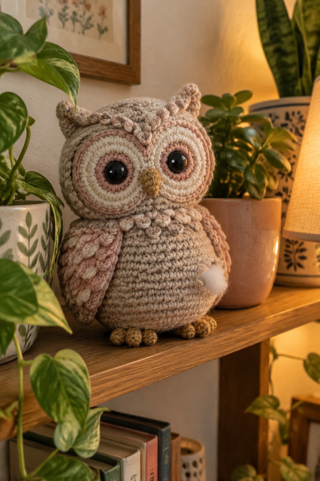 Crocheted beige and pink owl on wooden shelf with potted plants and books