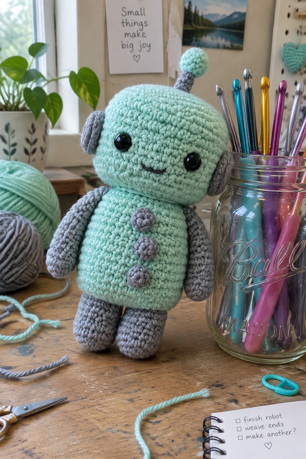 Mint green crocheted robot beside jar of colorful crochet hooks on wooden table