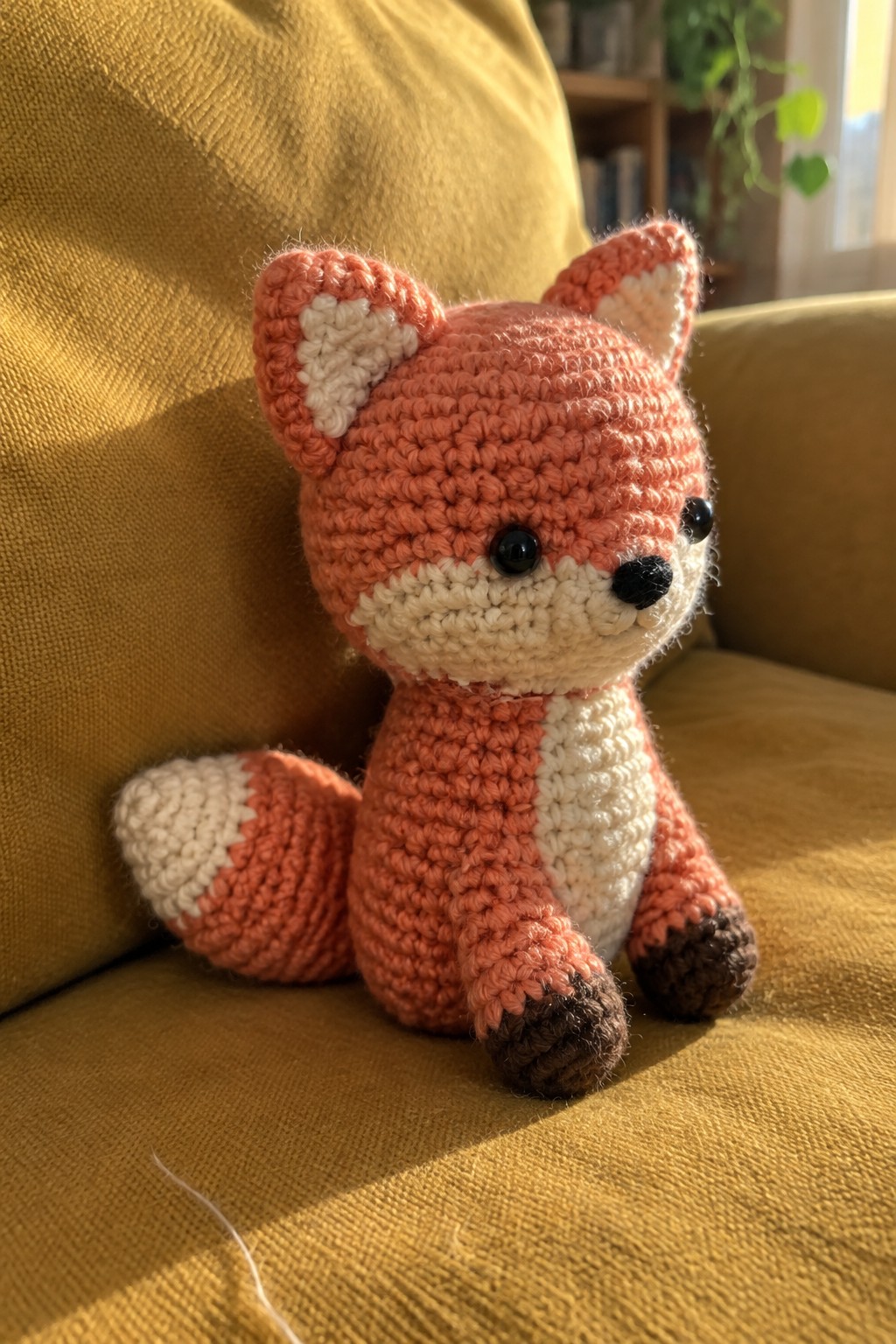 A crocheted orange fox amigurumi with white muzzle and chest, brown paws, and white-tipped tail sitting on a yellow couch.