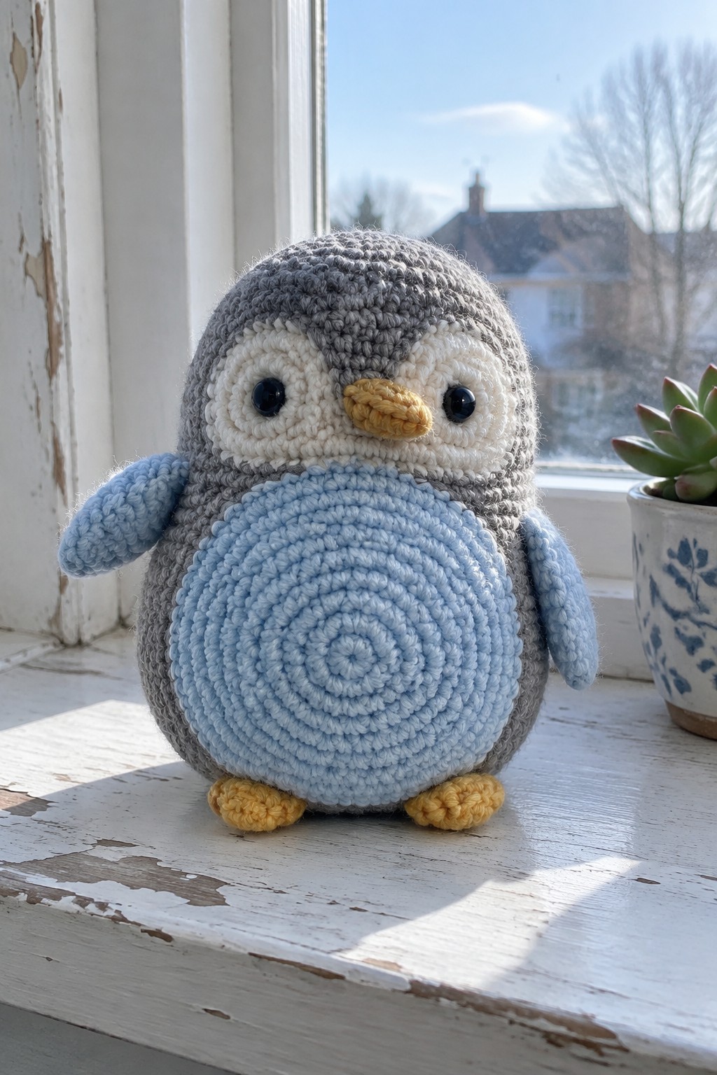 Crocheted penguin amigurumi with gray body, light blue belly, white face, yellow beak and feet on a windowsill.
