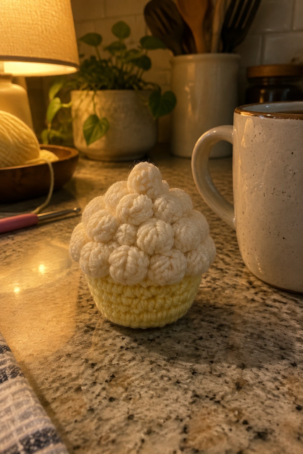 Crocheted white and yellow cupcake on kitchen counter beside ceramic mug