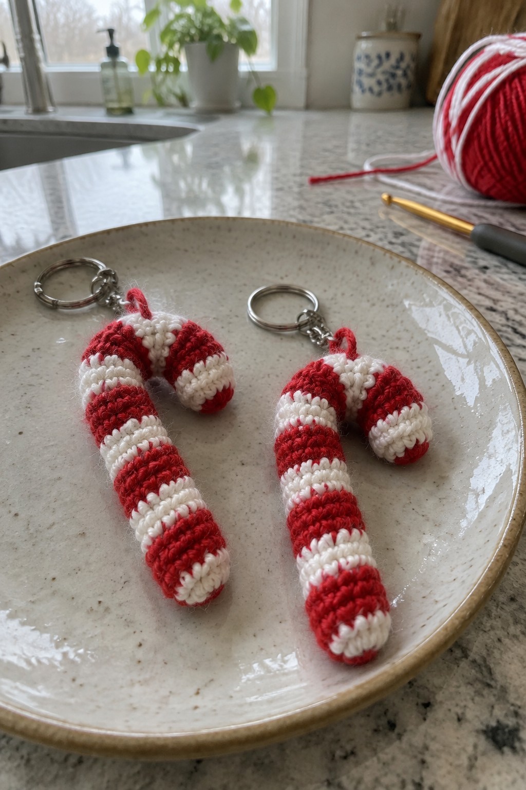 Two red and white crocheted candy cane keychains on a speckled plate