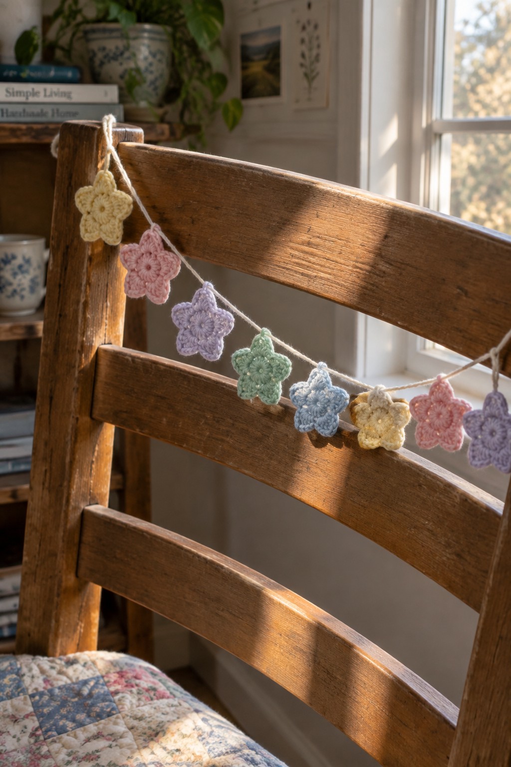 Pastel crocheted star garland draped over sunlit wooden chair back.