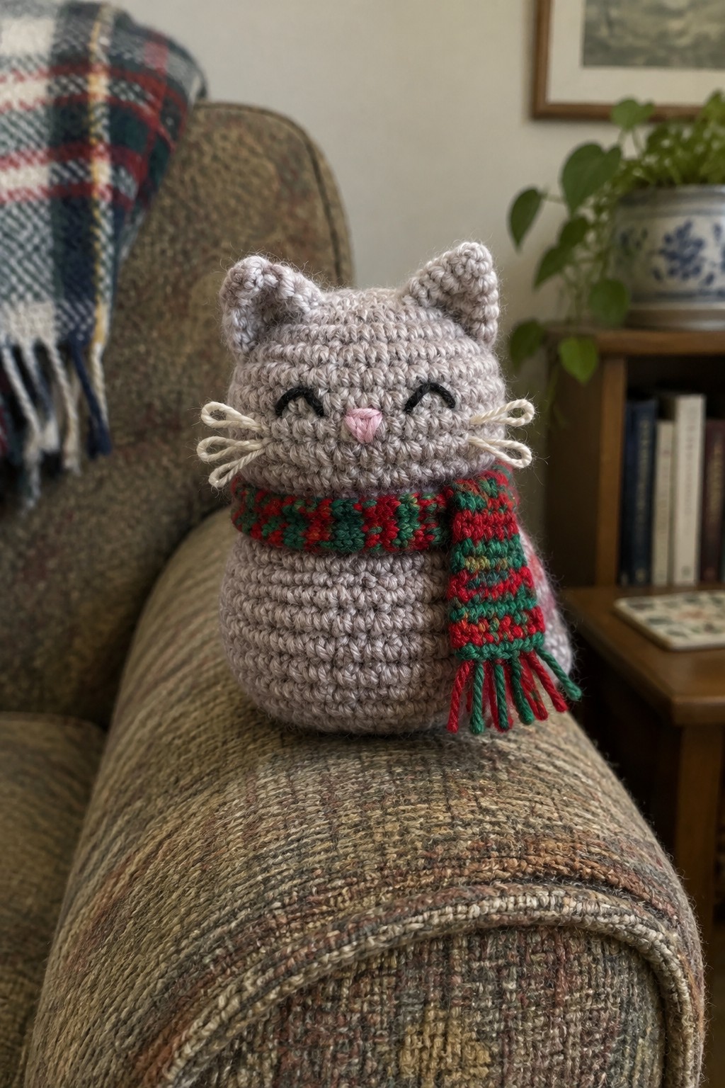 Gray crocheted cat with red-green scarf on plaid couch