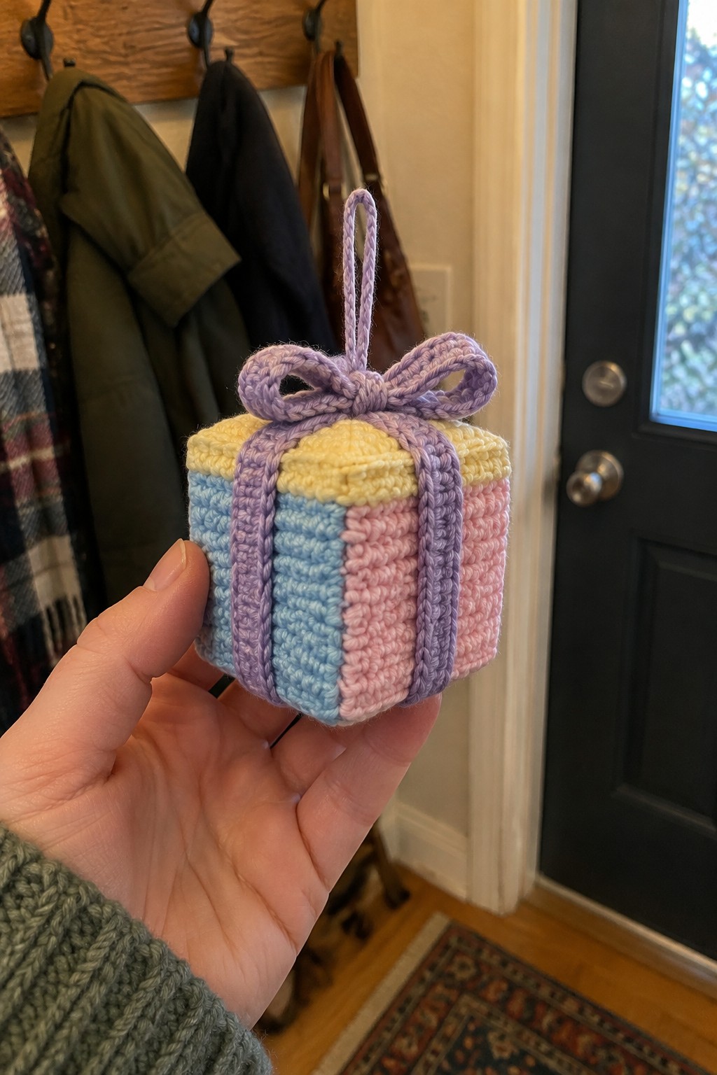 Hand holding small crocheted pastel gift box ornament with purple bow