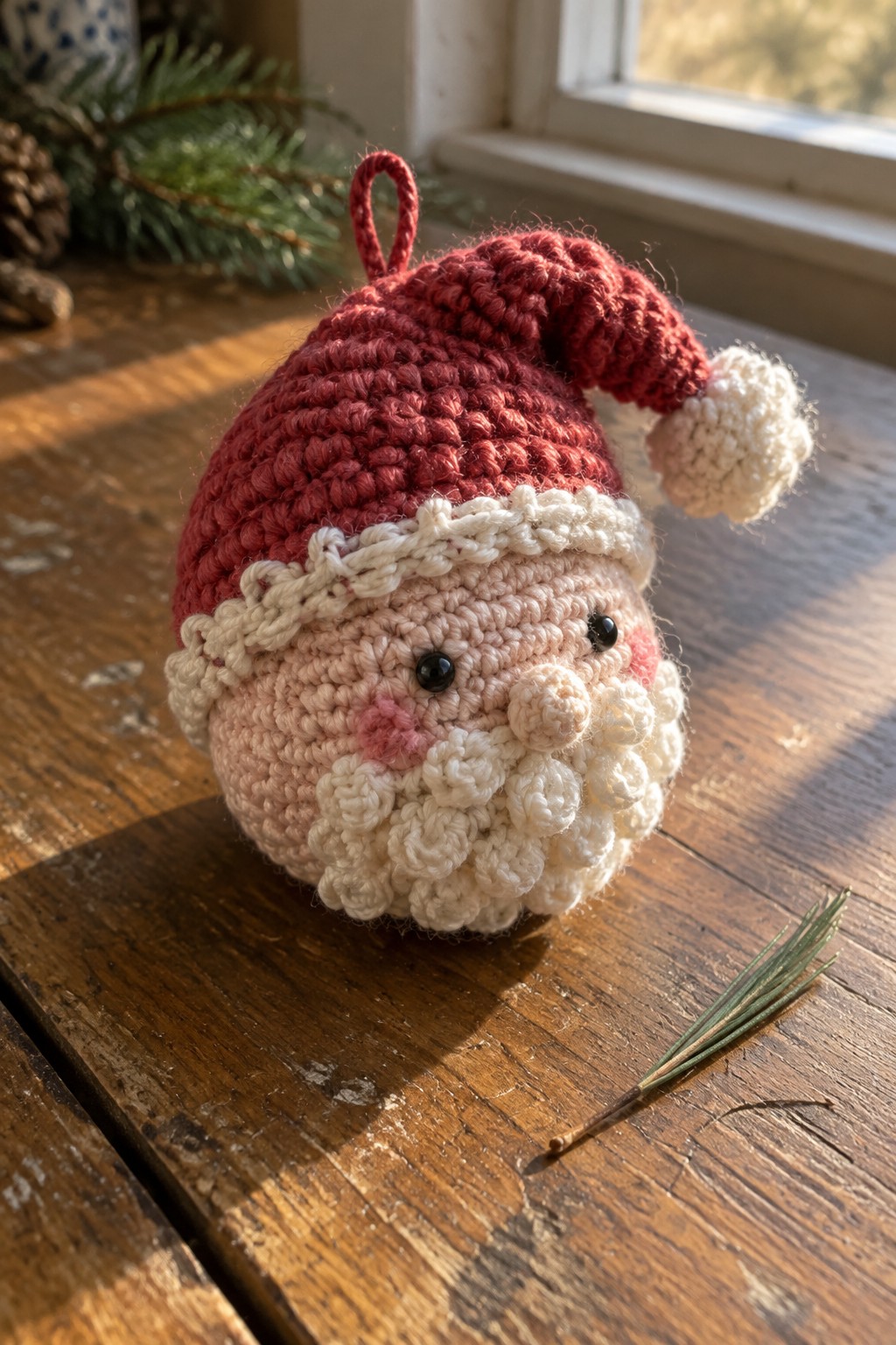 A crocheted Santa ornament with a red hat, white beard, and hanging loop rests on a wooden table.