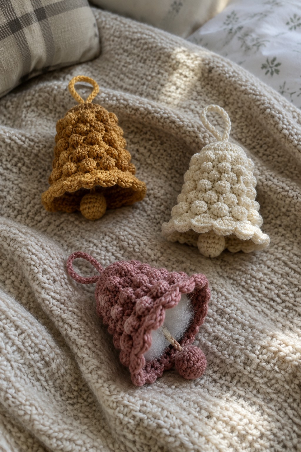 Three crocheted bell ornaments in mustard yellow, off-white, and dusty pink with hanging loops and pom pom clappers sit on a beige knitted blanket.