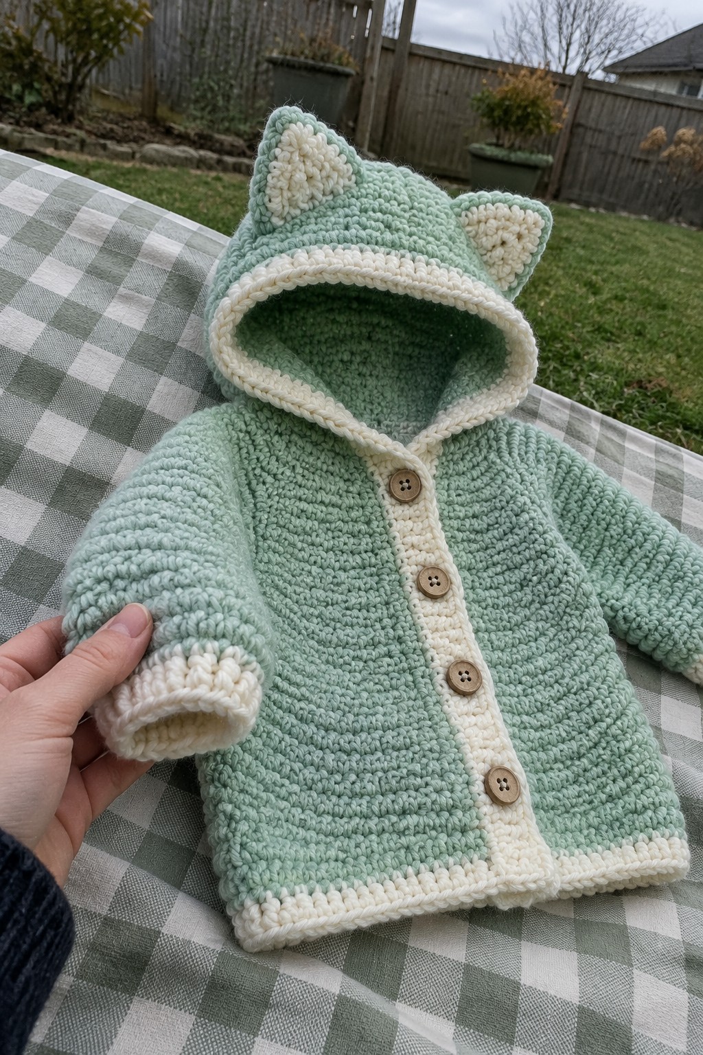 Mint green crocheted baby cat-ear hoodie jacket with white trim on checkered blanket