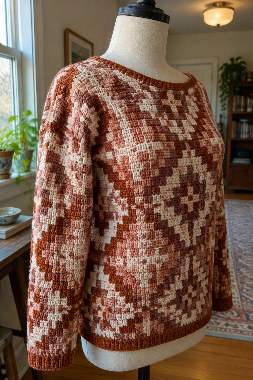 Mannequin in a geometric crocheted sweater of rust, brown, and cream tones indoors.