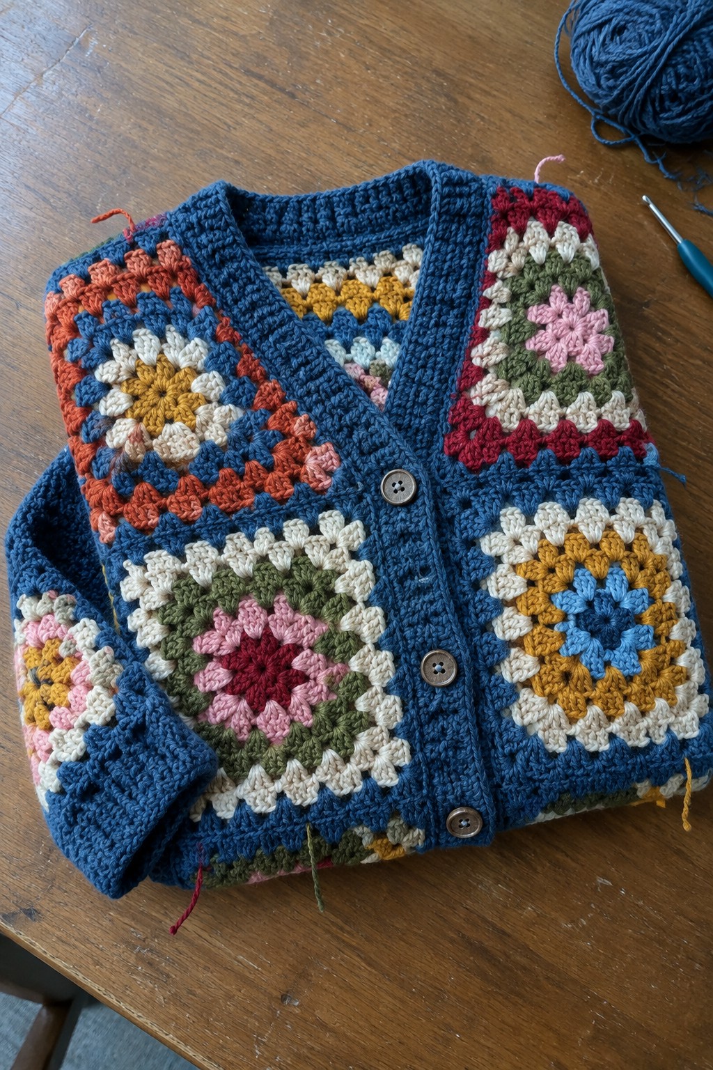 A crocheted cardigan assembled from multicolored granny squares with blue borders and buttons, shown on a wooden table with yarn and a hook nearby.