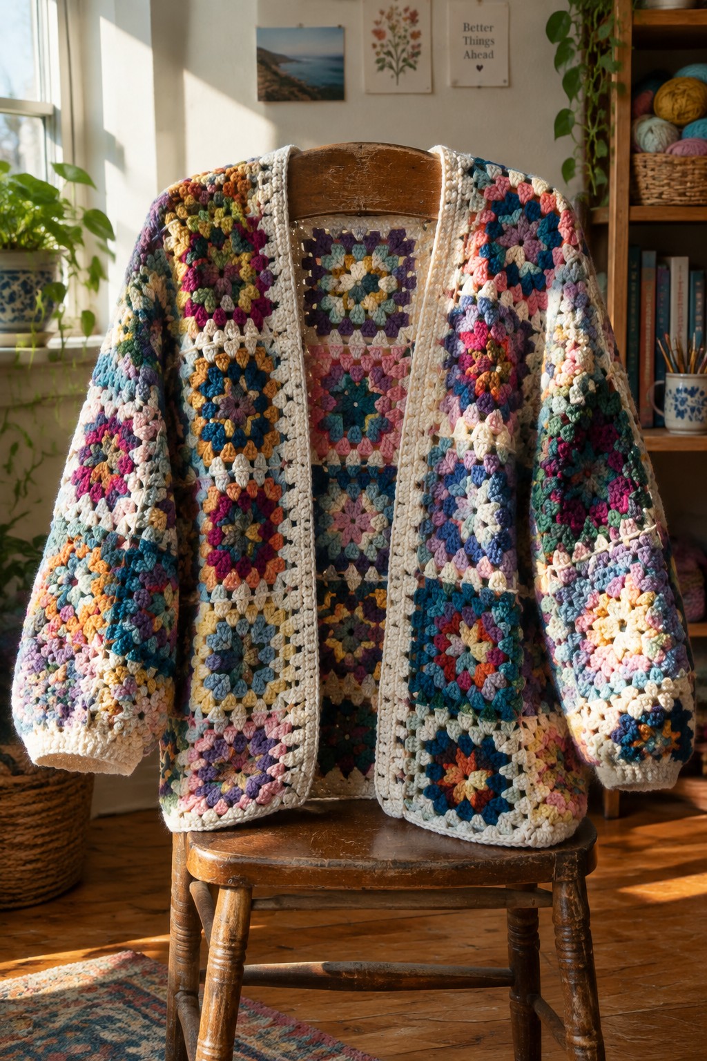 Colorful granny square crochet cardigan draped over wooden chair in sunlit room