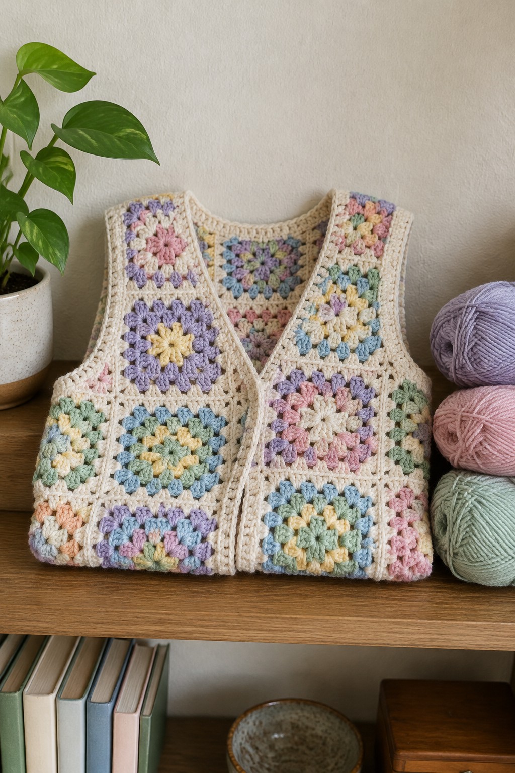 Pastel granny square crochet vest on wooden shelf with yarn and plant