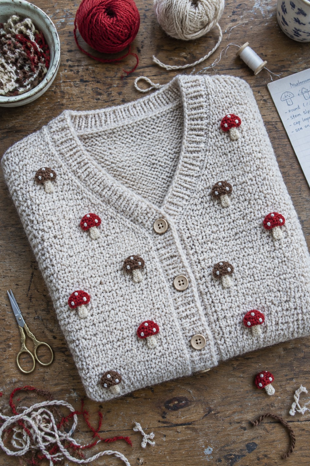 A cream cardigan covered with small red and brown crocheted mushroom appliqués on a wooden table with yarn and scissors nearby.