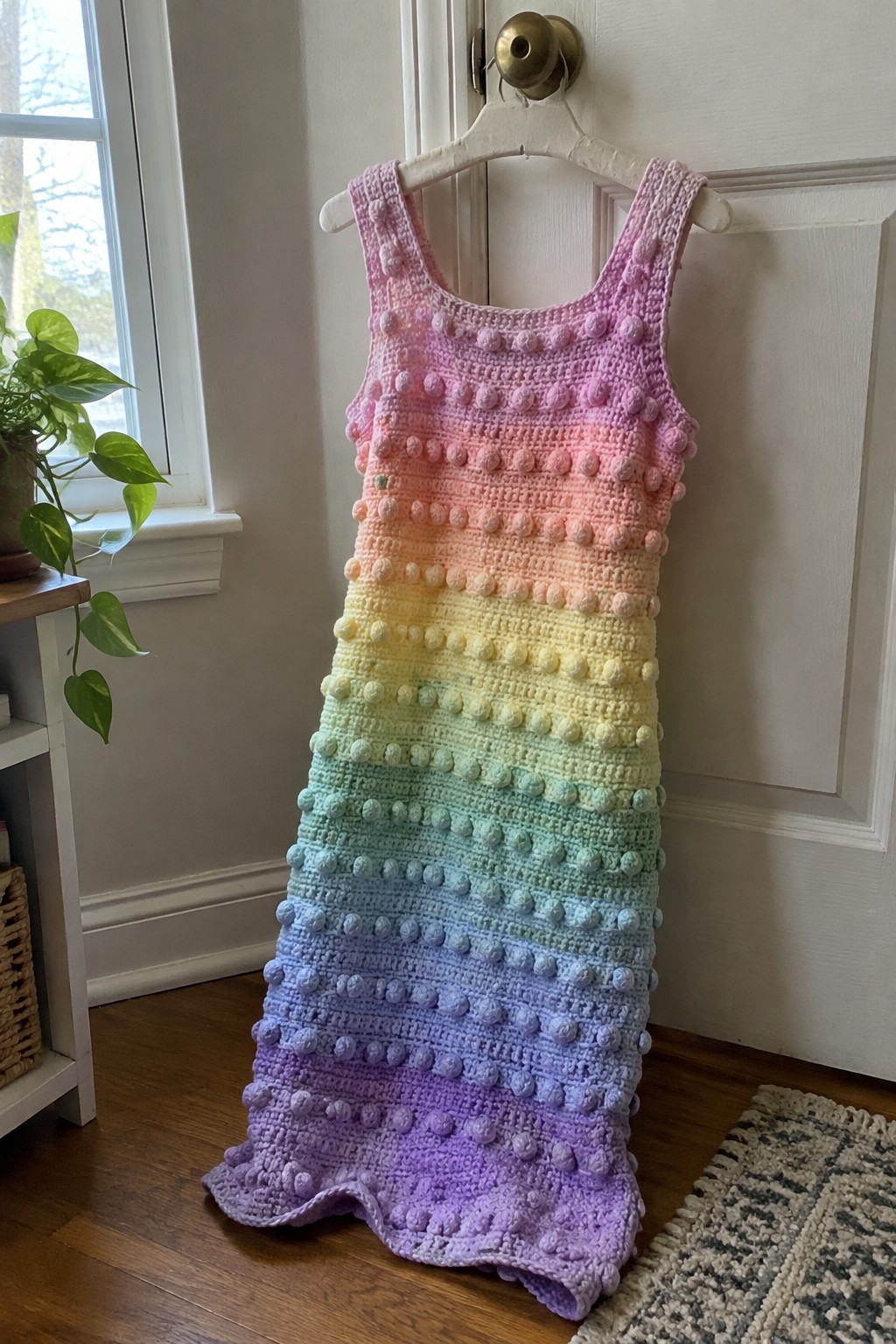Rainbow ombre crochet bobble dress hanging on white door beside potted plant