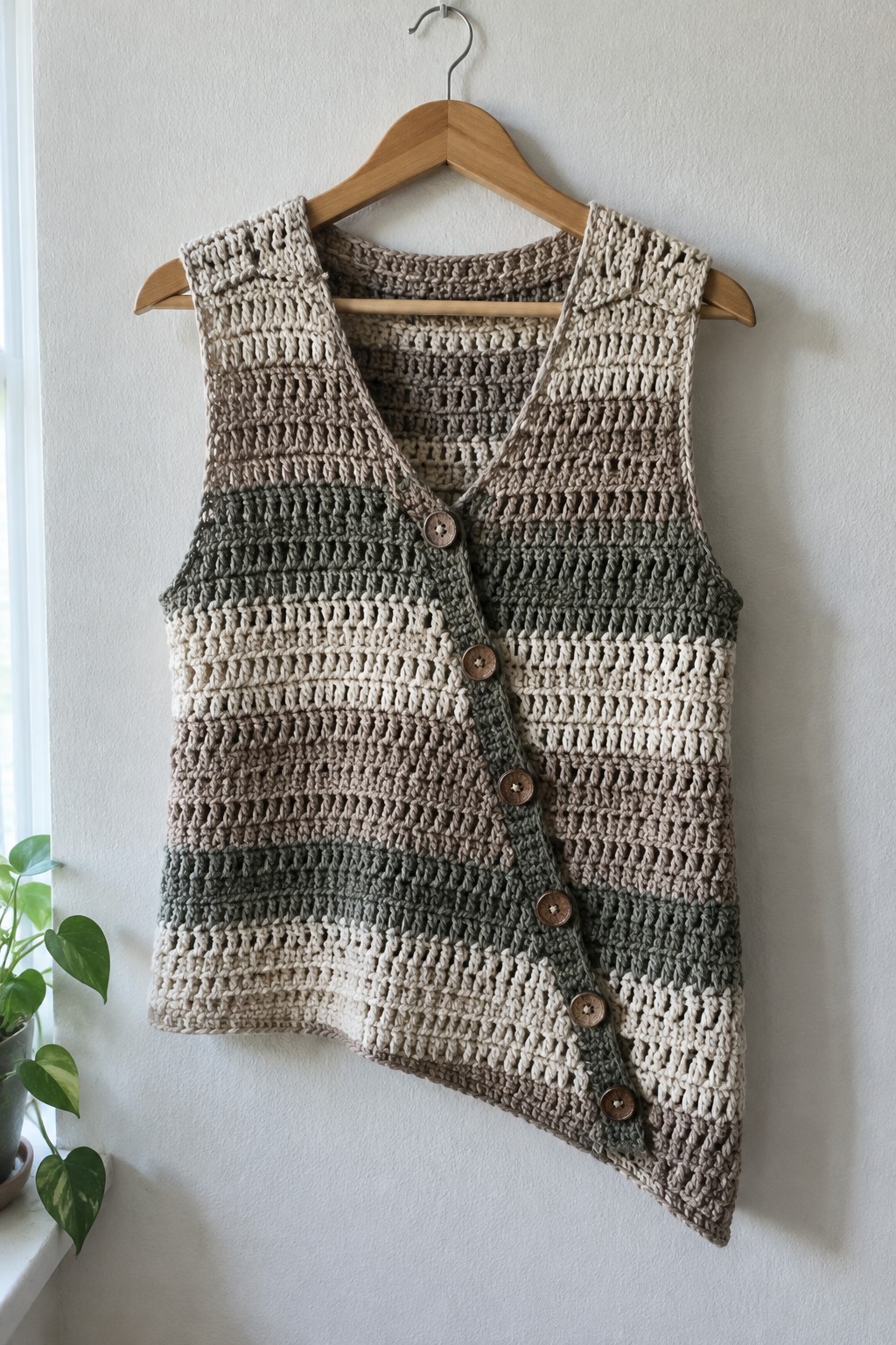 Earth-toned striped crochet vest with buttons on wooden hanger against white wall.