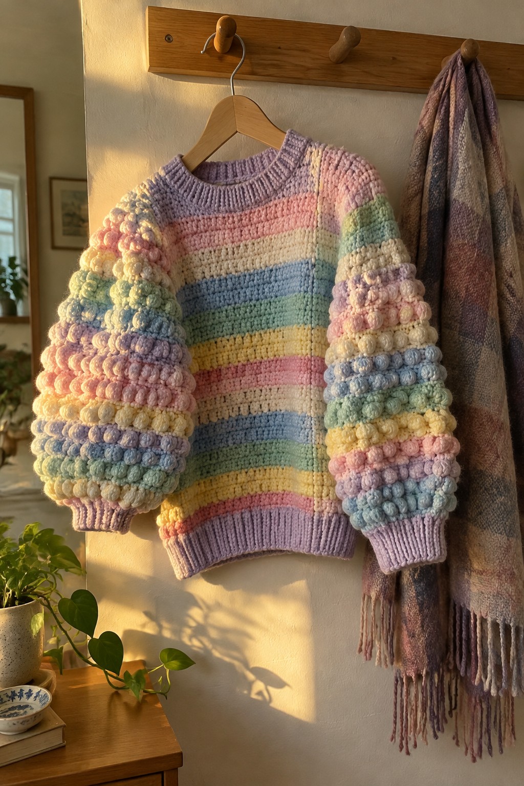 Rainbow striped bobble sweater hangs on wooden rack beside plaid scarf