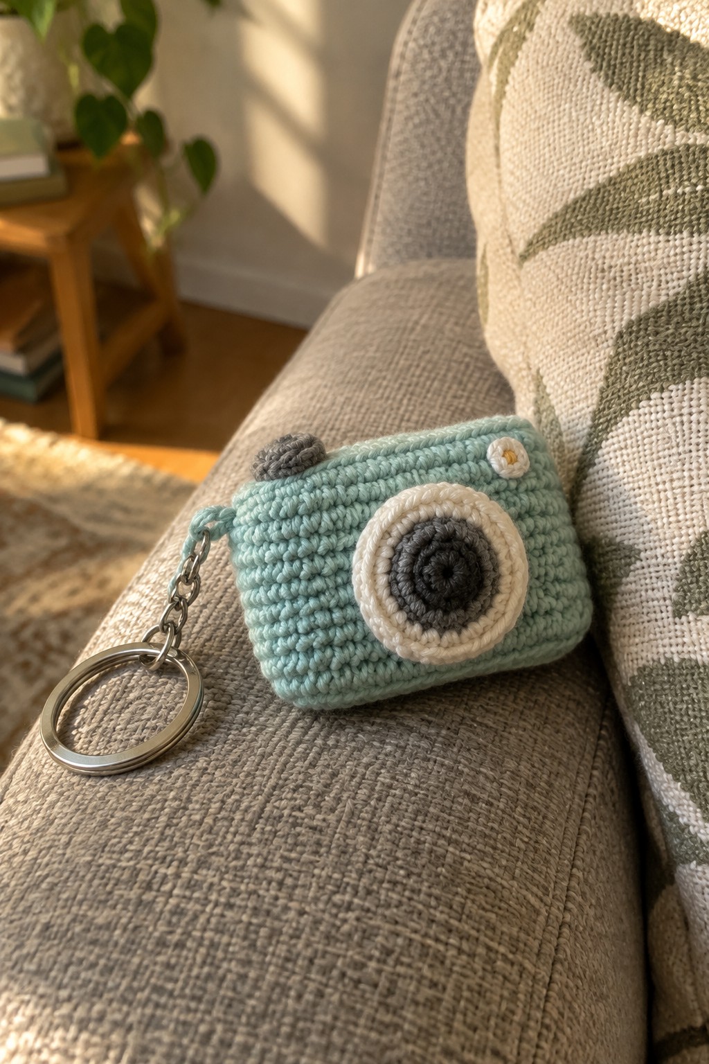 Light blue crocheted camera keychain with metal ring on gray couch fabric