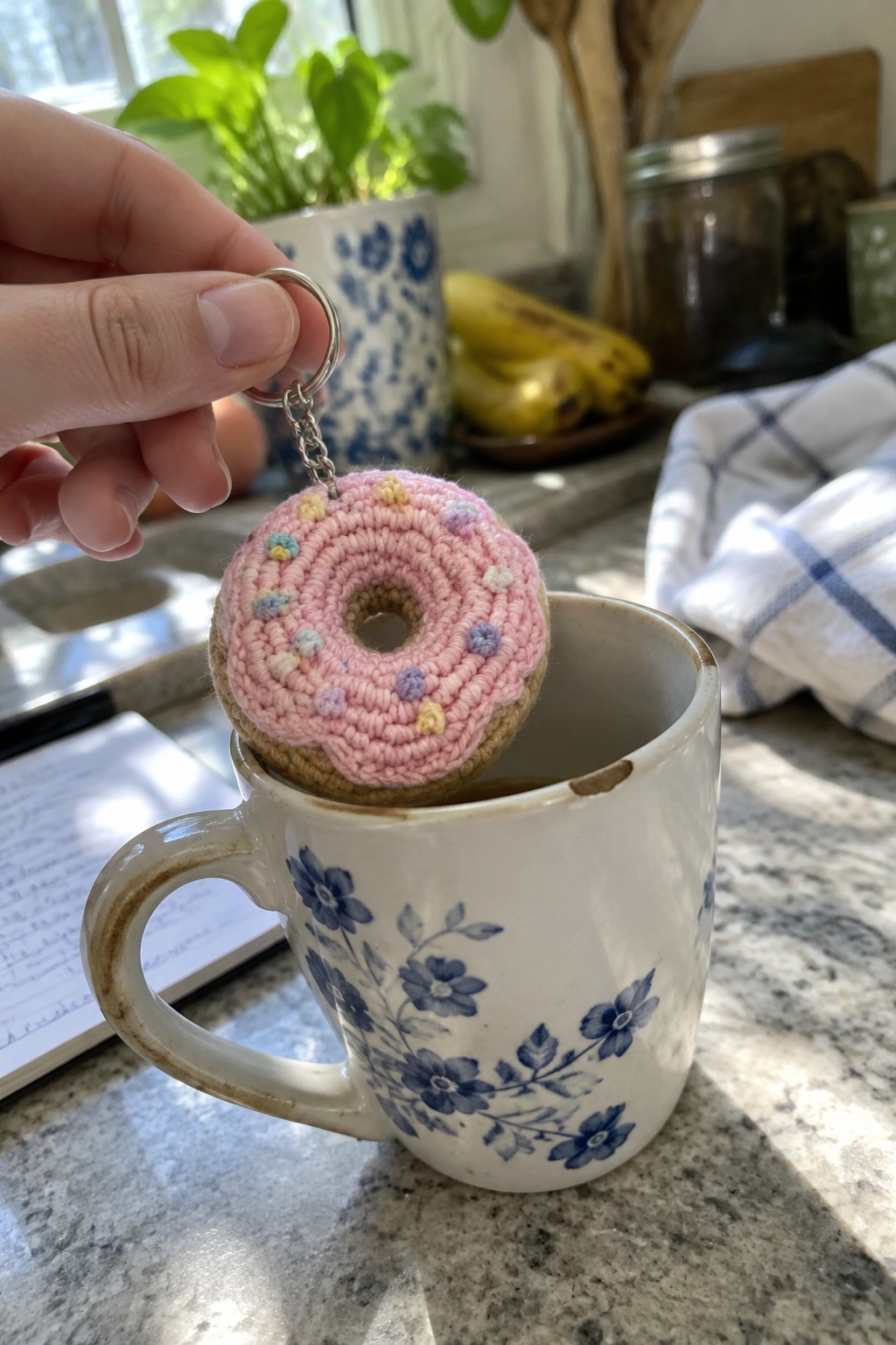 Hand holding pink crocheted donut keychain on floral white ceramic mug