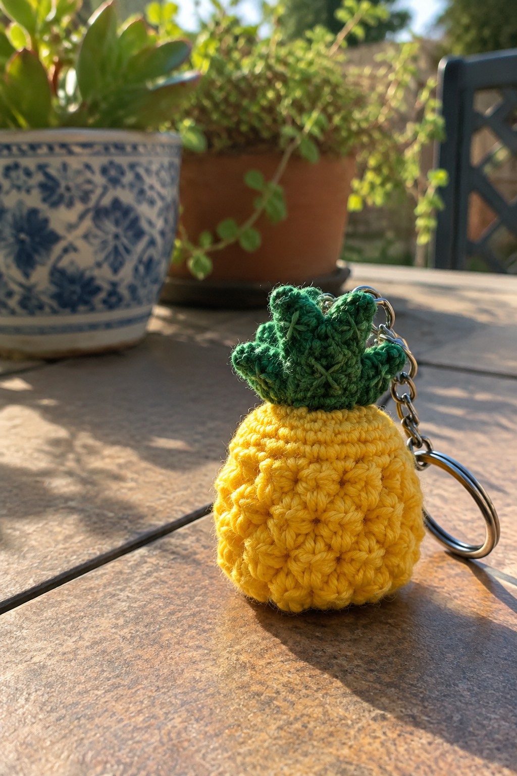 Yellow crocheted pineapple keychain with green top on sunny wooden table