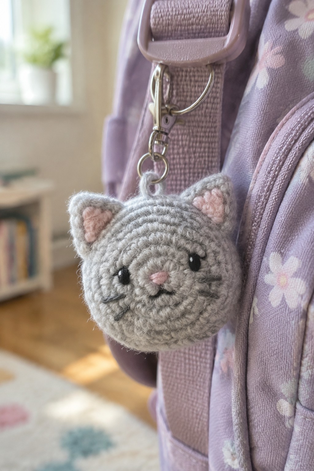 Gray crocheted cat keychain with pink ears on purple floral backpack