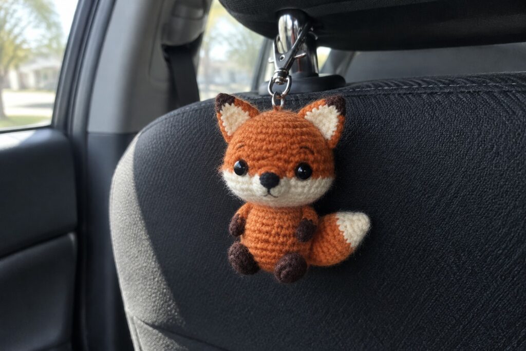 23 Fun Crochet Keychain Ideas for Small Handmade Gifts Crocheted orange fox with white belly hanging from metal clip on car seat