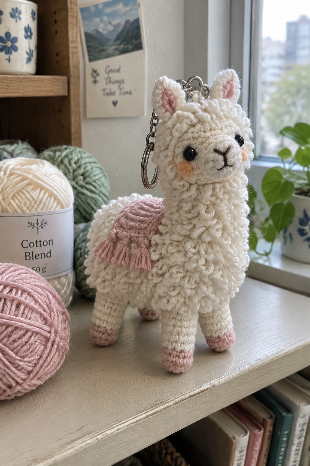 Crocheted white llama keychain with pink blanket beside yarn balls on wooden table