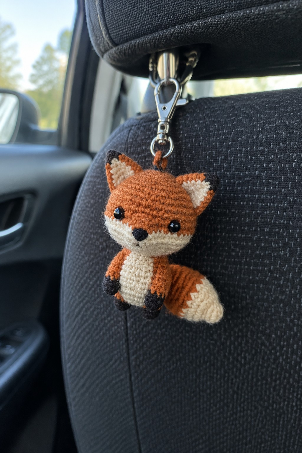 Crocheted orange fox with white belly hanging from metal clip on car seat